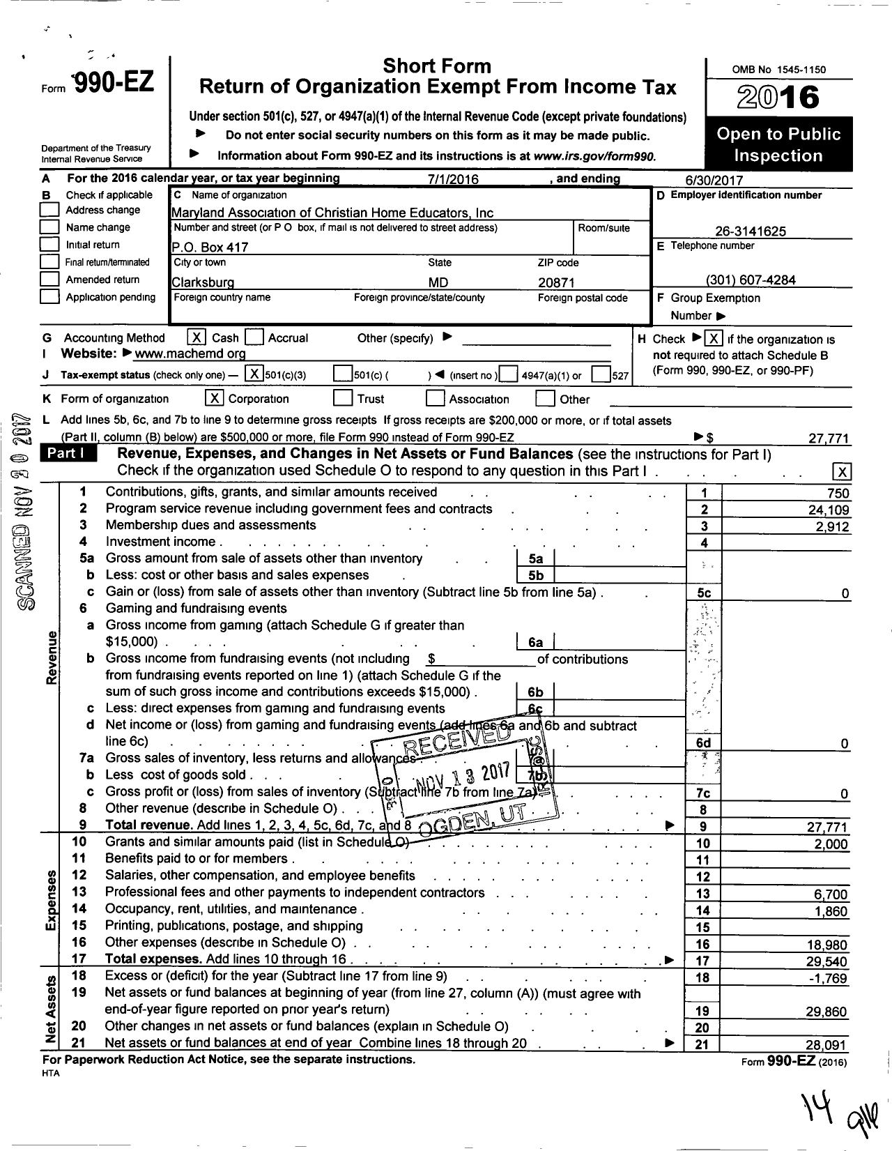 Image of first page of 2016 Form 990EZ for Maryland Association of Christian Home Educators (MACHE)