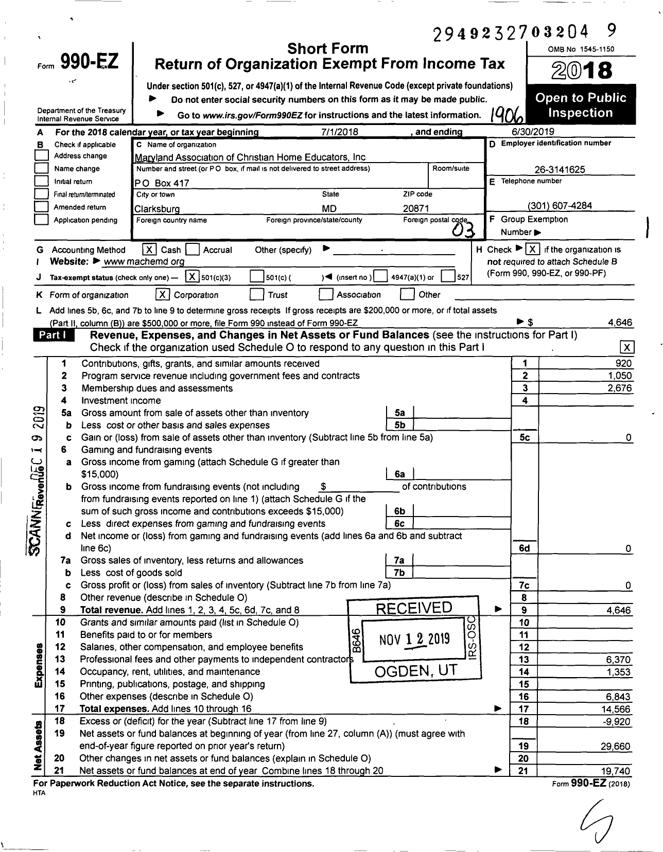 Image of first page of 2018 Form 990EZ for Maryland Association of Christian Home Educators (MACHE)