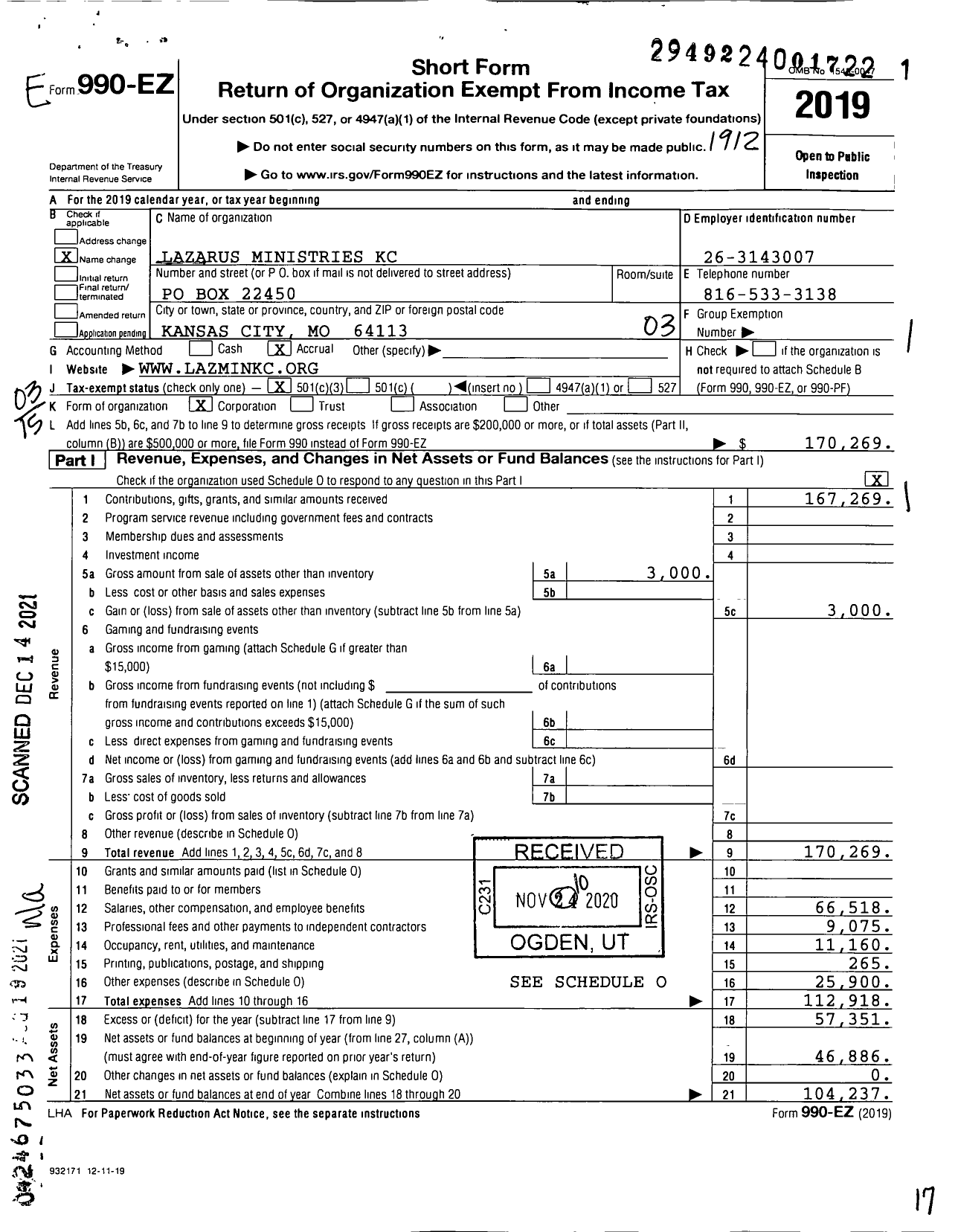 Image of first page of 2019 Form 990EZ for Lazarus Ministries KC