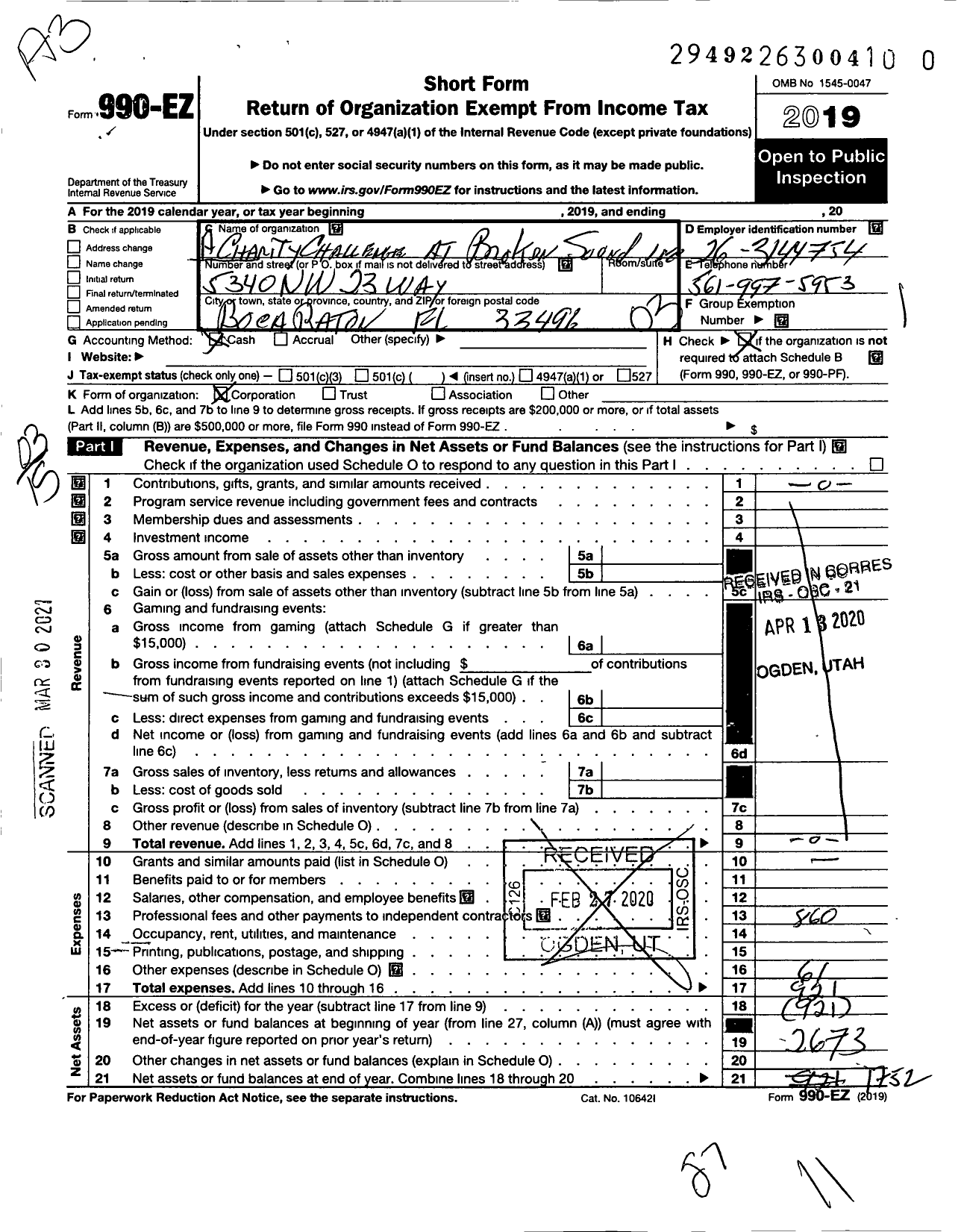 Image of first page of 2019 Form 990EZ for A Charity Challenge at Broken Sound