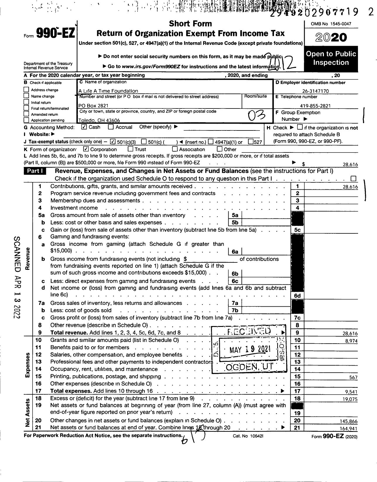Image of first page of 2020 Form 990EZ for A Life A Time Foundation