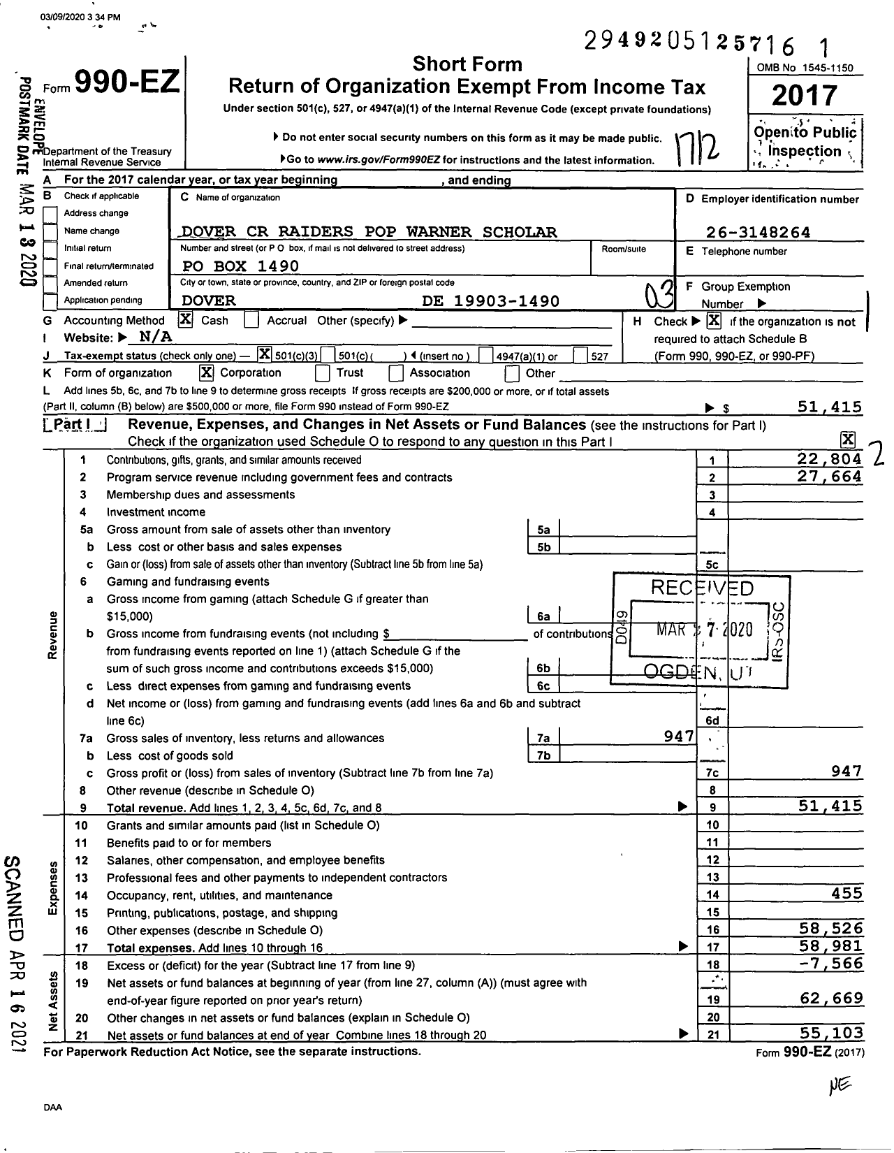 Image of first page of 2017 Form 990EZ for Pop Warner Little Scholars