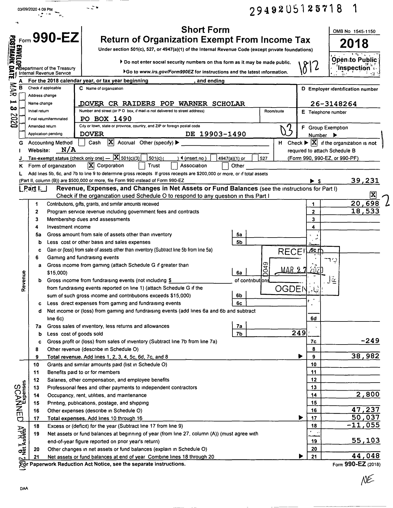 Image of first page of 2018 Form 990EZ for Pop Warner Little Scholars