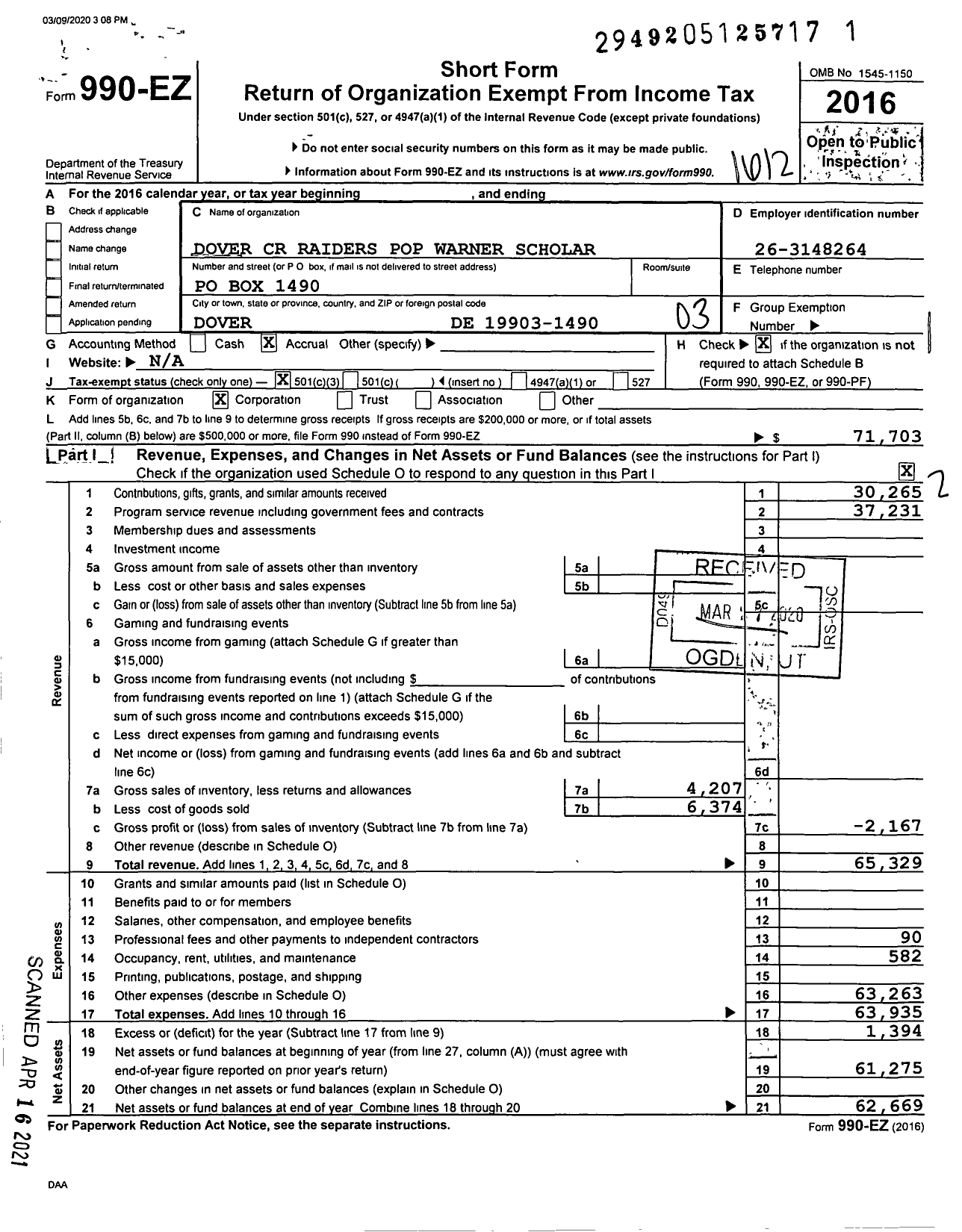 Image of first page of 2016 Form 990EZ for Pop Warner Little Scholars