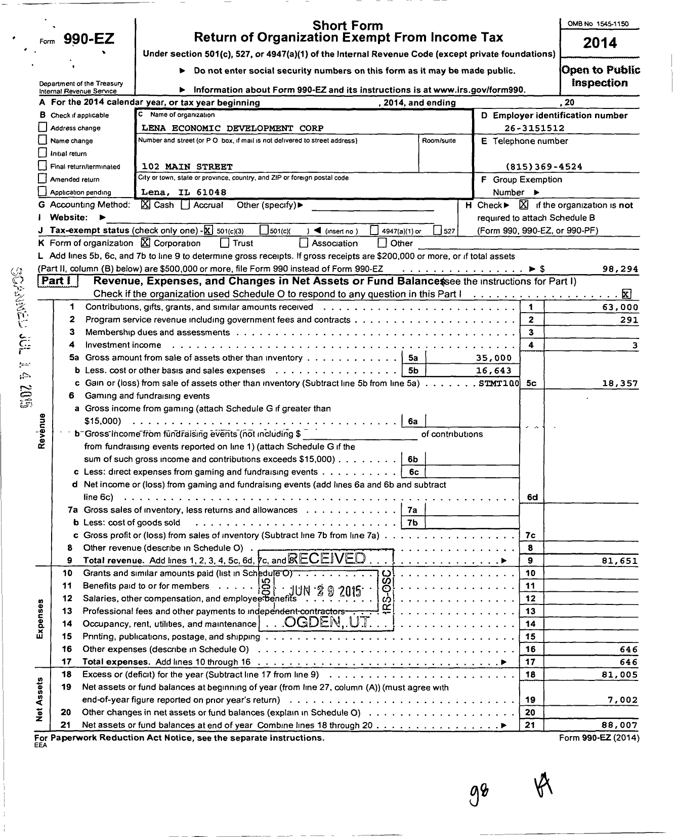 Image of first page of 2014 Form 990EZ for Lena Economic Development Corporation