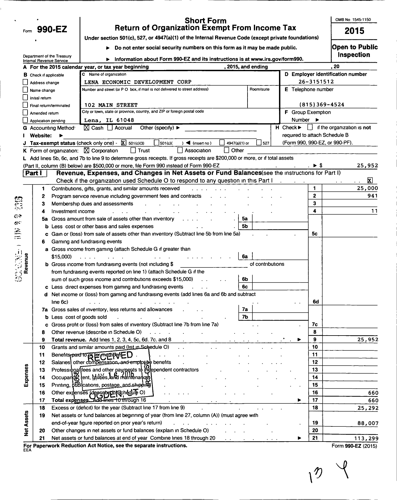 Image of first page of 2015 Form 990EZ for Lena Economic Development Corporation