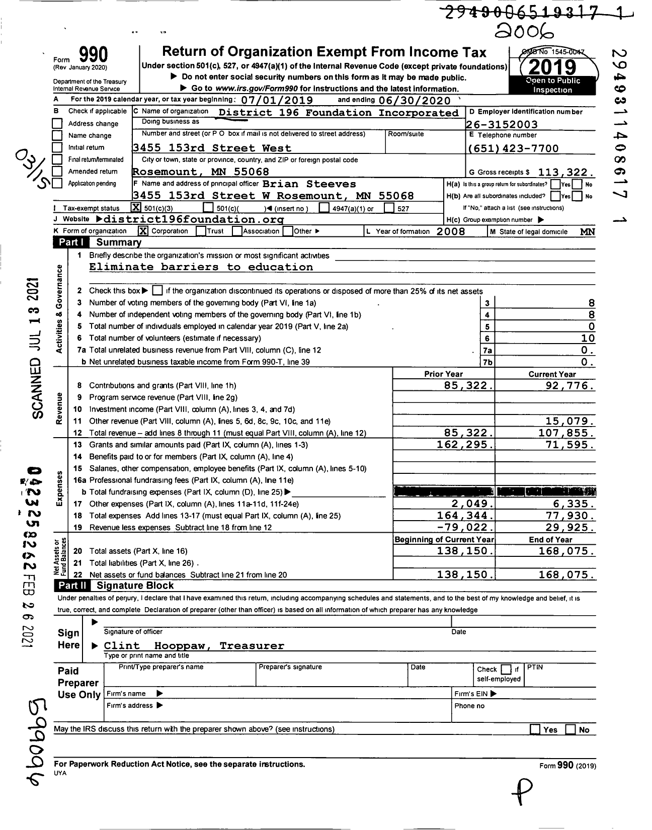 Image of first page of 2019 Form 990 for District 196 Foundation Incorporated