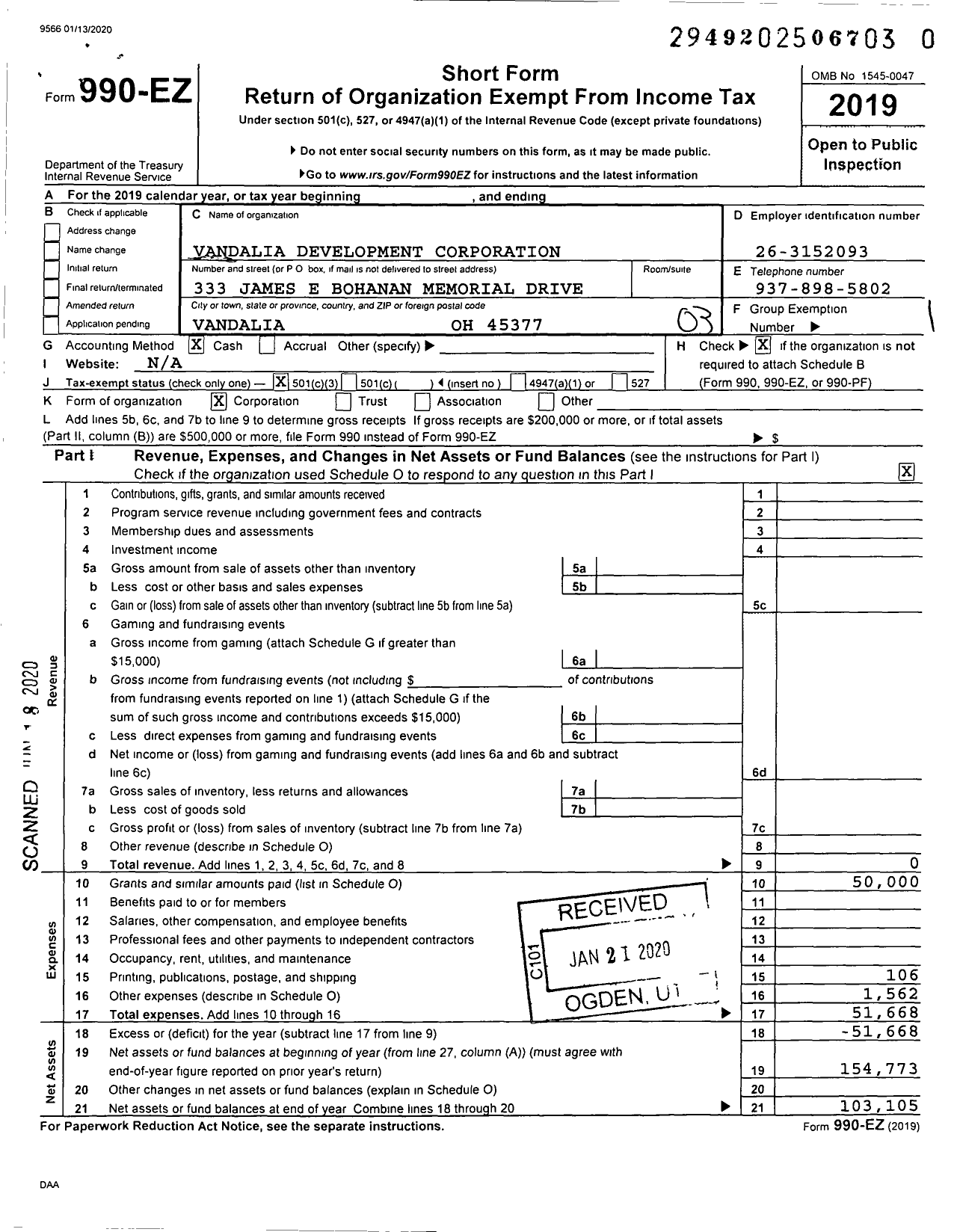 Image of first page of 2019 Form 990EZ for Vandalia Development Corporation