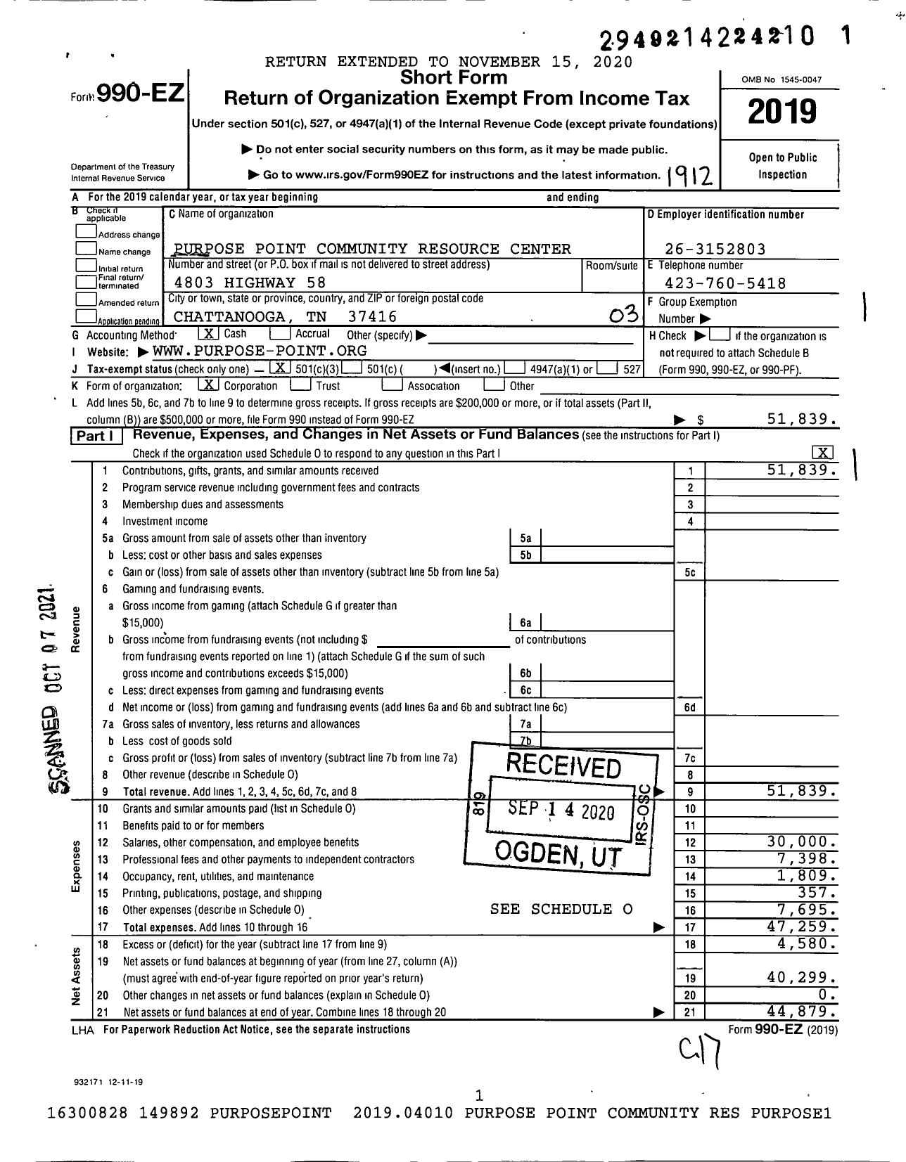 Image of first page of 2019 Form 990EZ for Purpose Point Community Resource Center