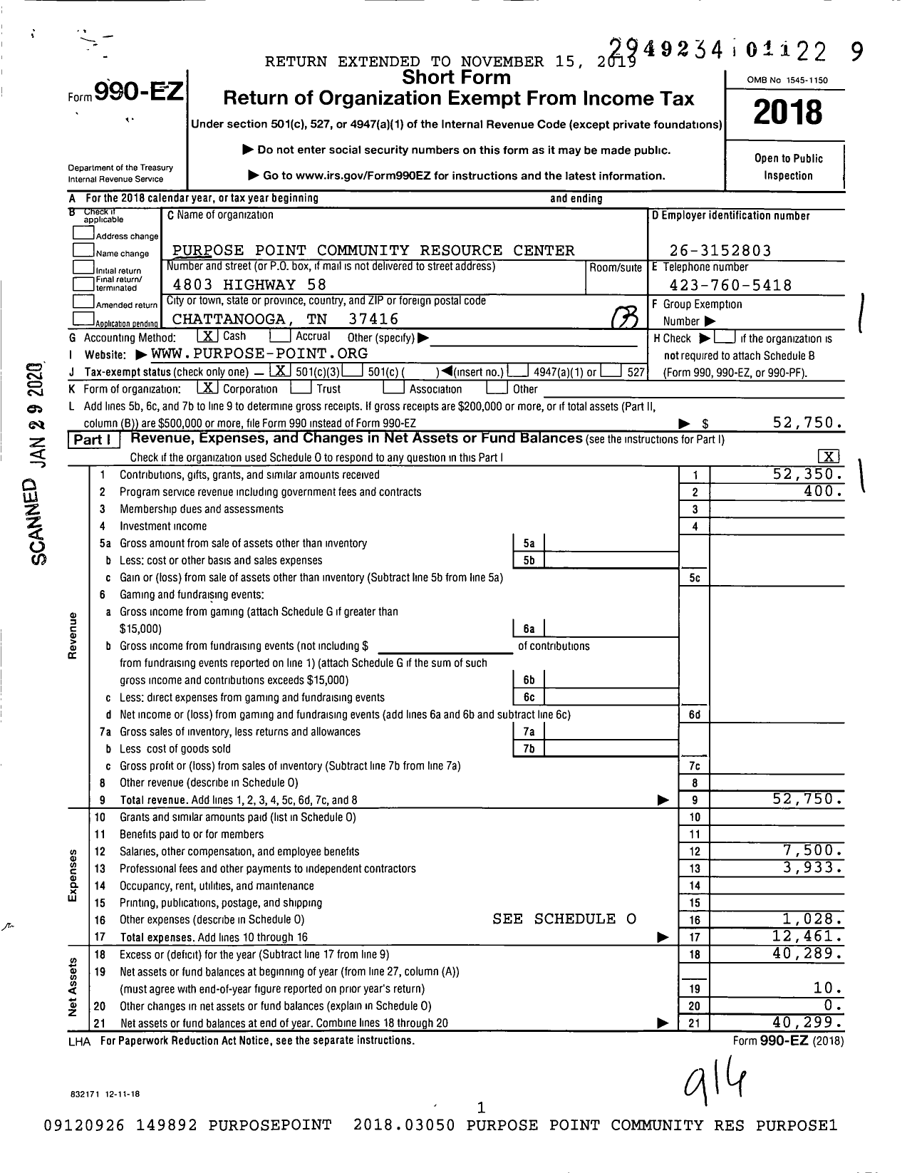 Image of first page of 2018 Form 990EZ for Purpose Point Community Resource Center