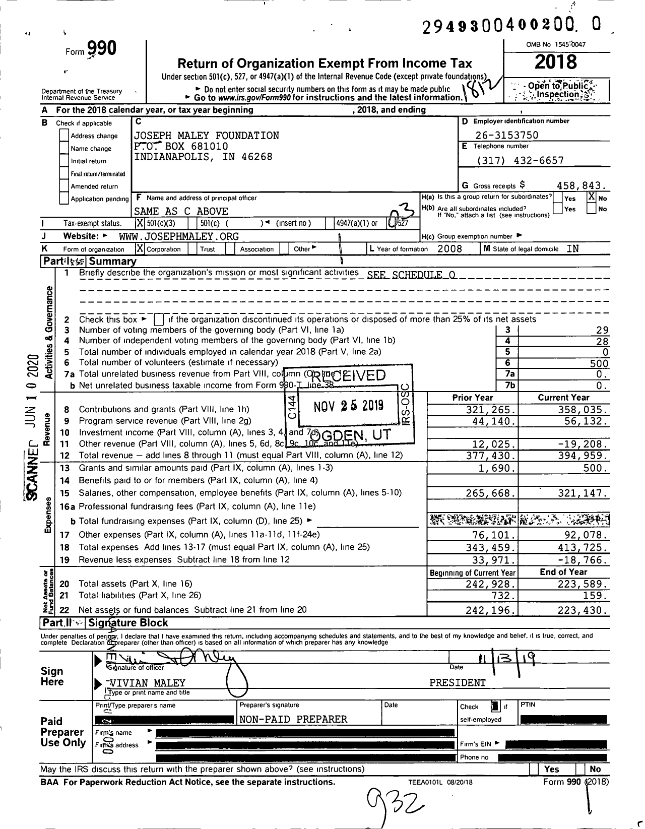 Image of first page of 2018 Form 990 for Joseph Maley Foundation