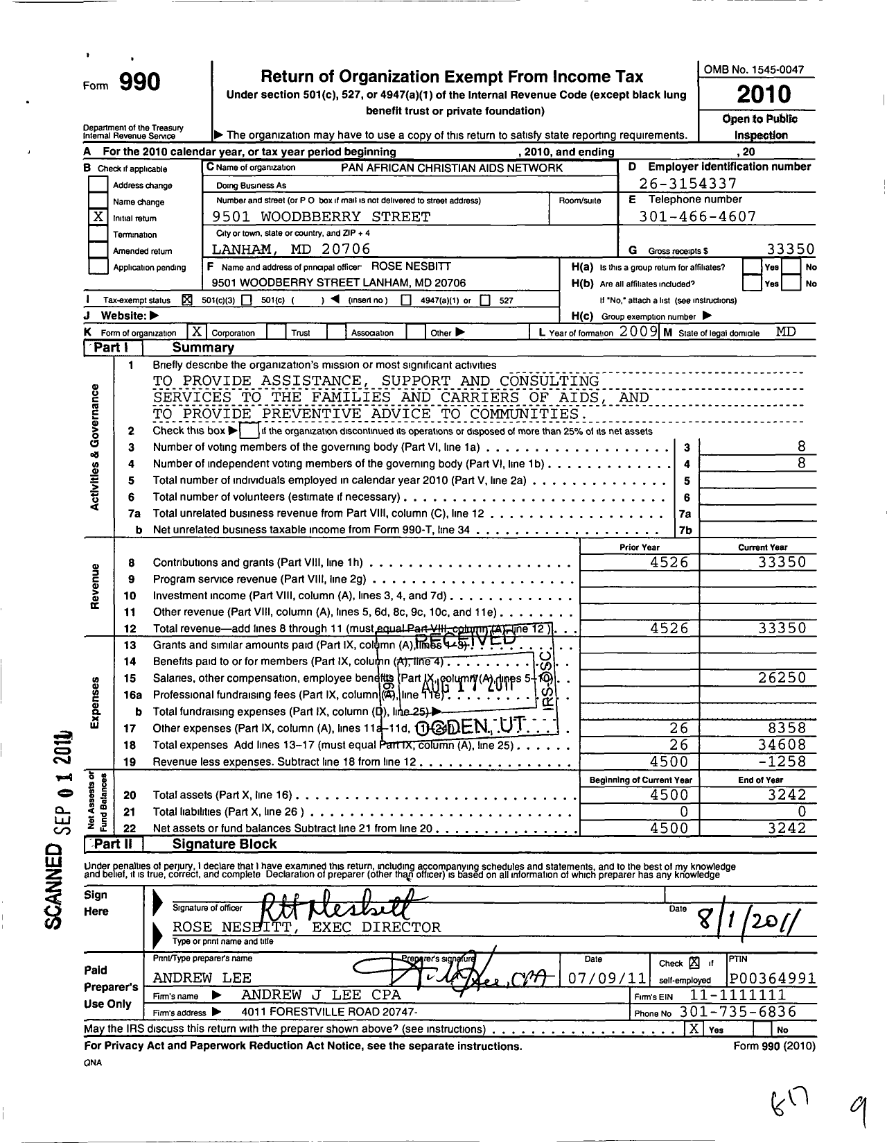 Image of first page of 2010 Form 990 for Pan African Christian Aids Network- USA