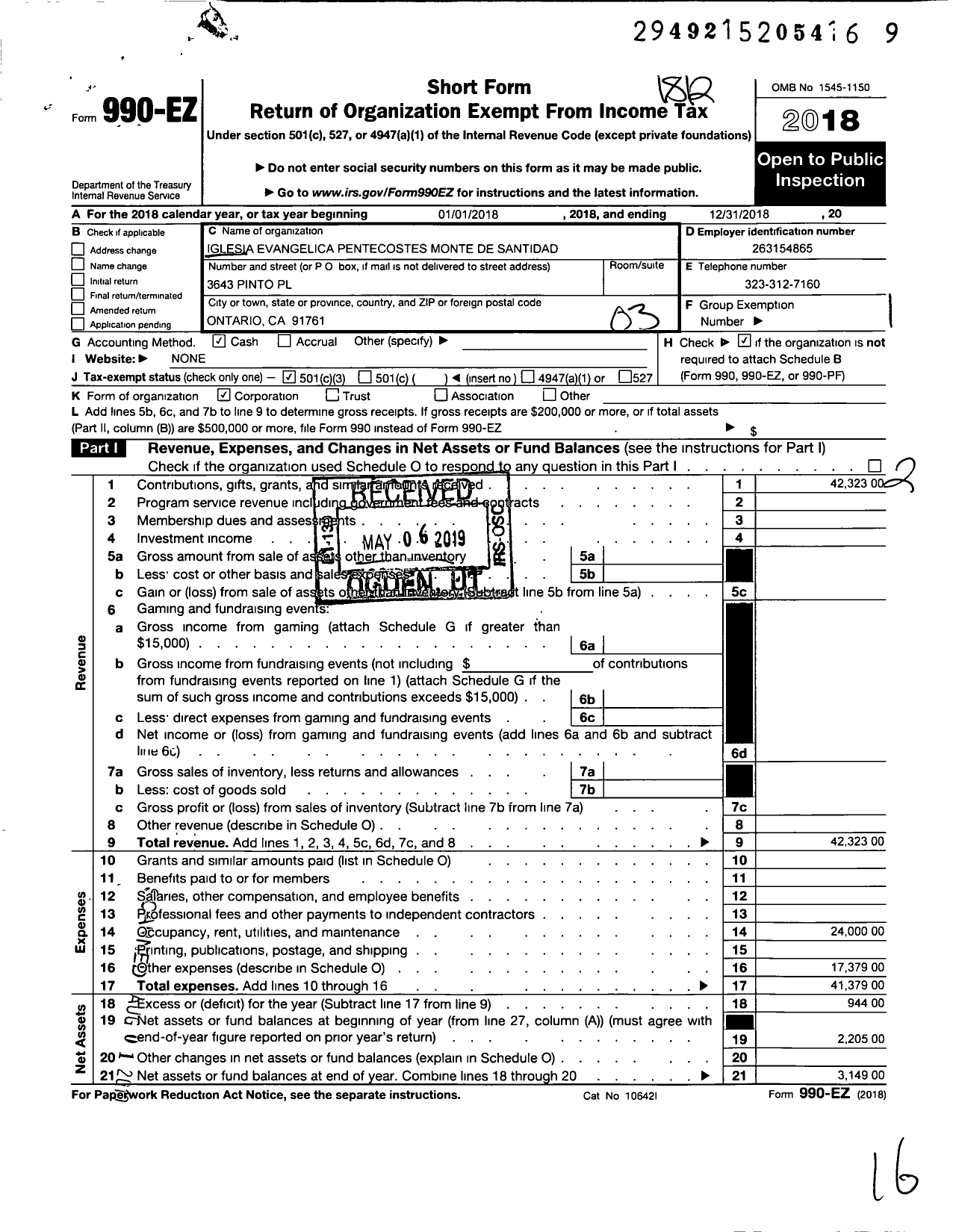 Image of first page of 2018 Form 990EZ for Mission Evangelica Pentecotes Monte de Santidad