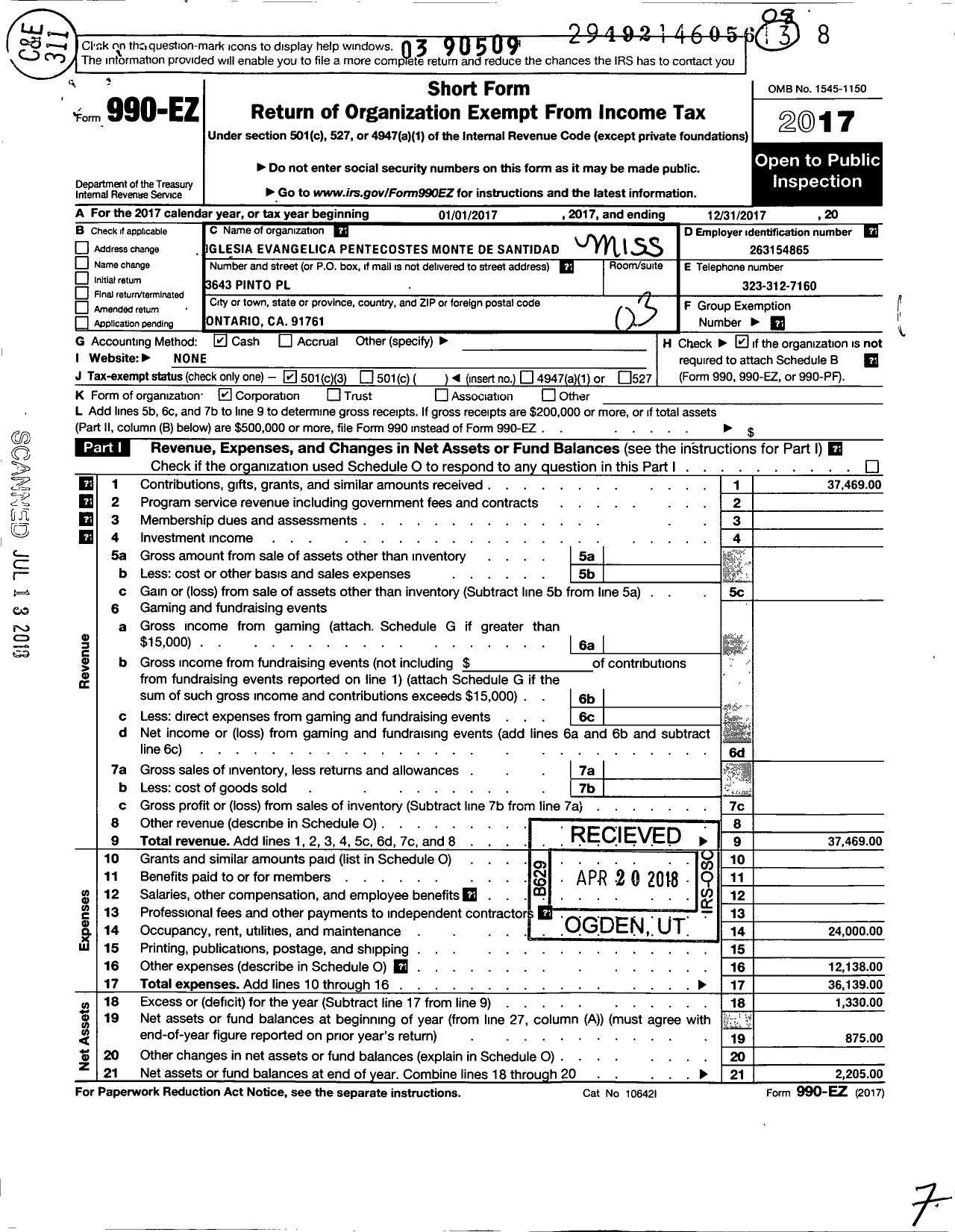 Image of first page of 2017 Form 990EZ for Mission Evangelica Pentecotes Monte de Santidad