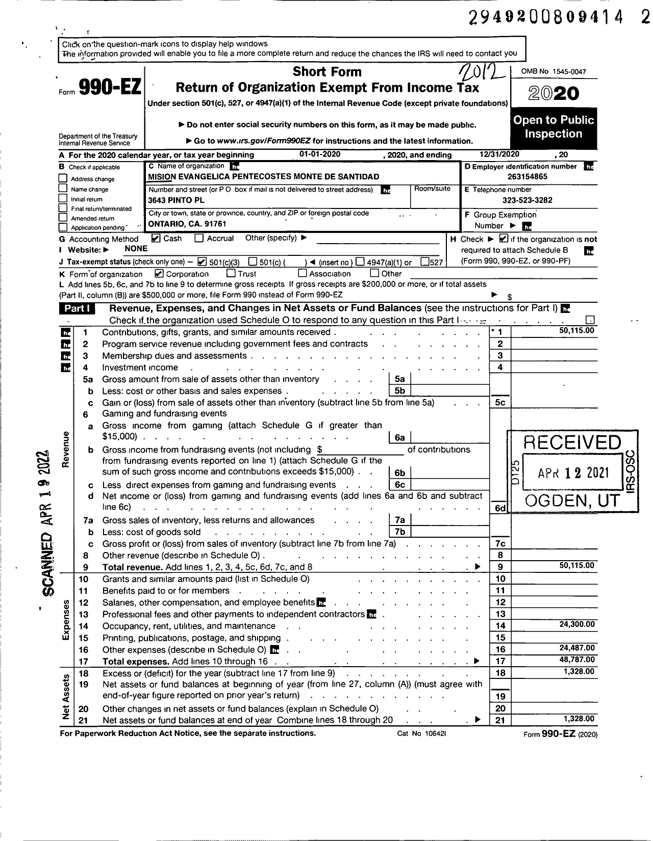 Image of first page of 2020 Form 990EZ for Mission Evangelica Pentecotes Monte de Santidad