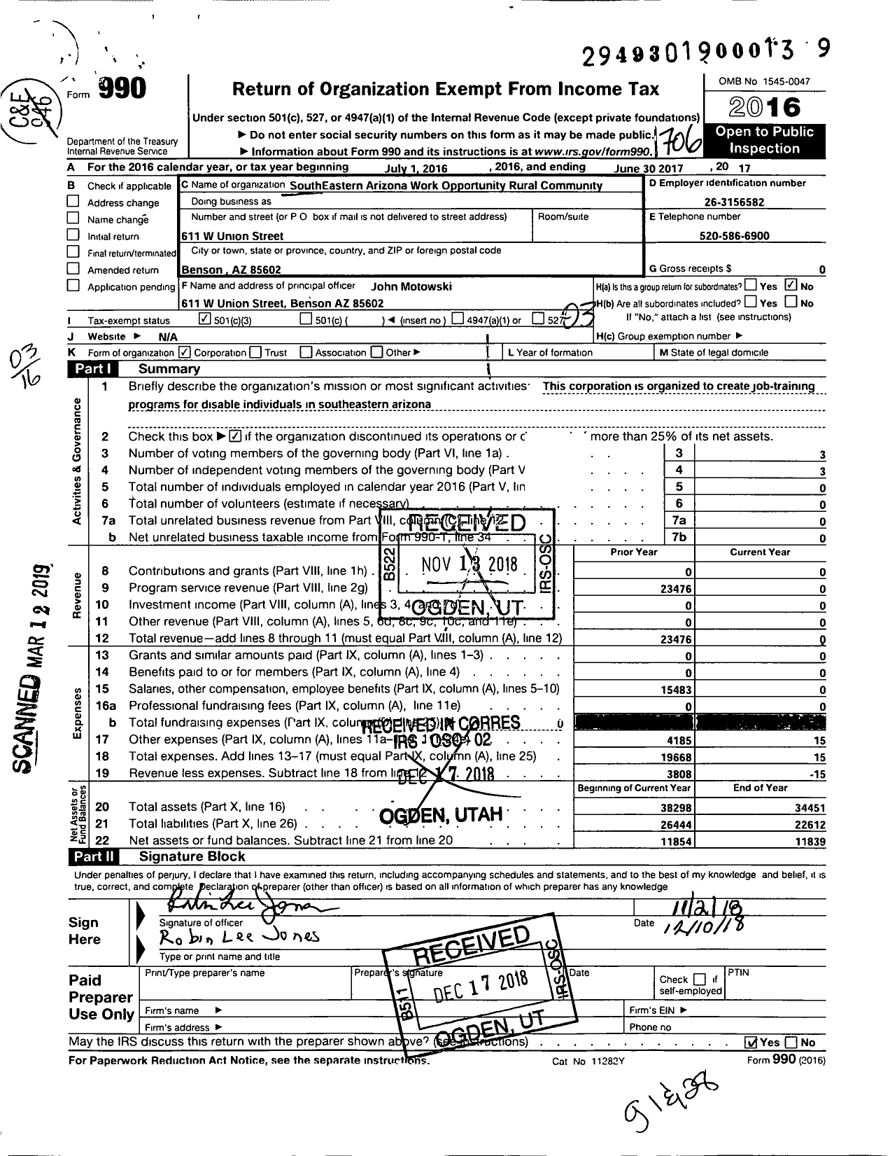 Image of first page of 2016 Form 990 for Southeastern Arizona Work Opportunity Rural Community (SEAWORC)