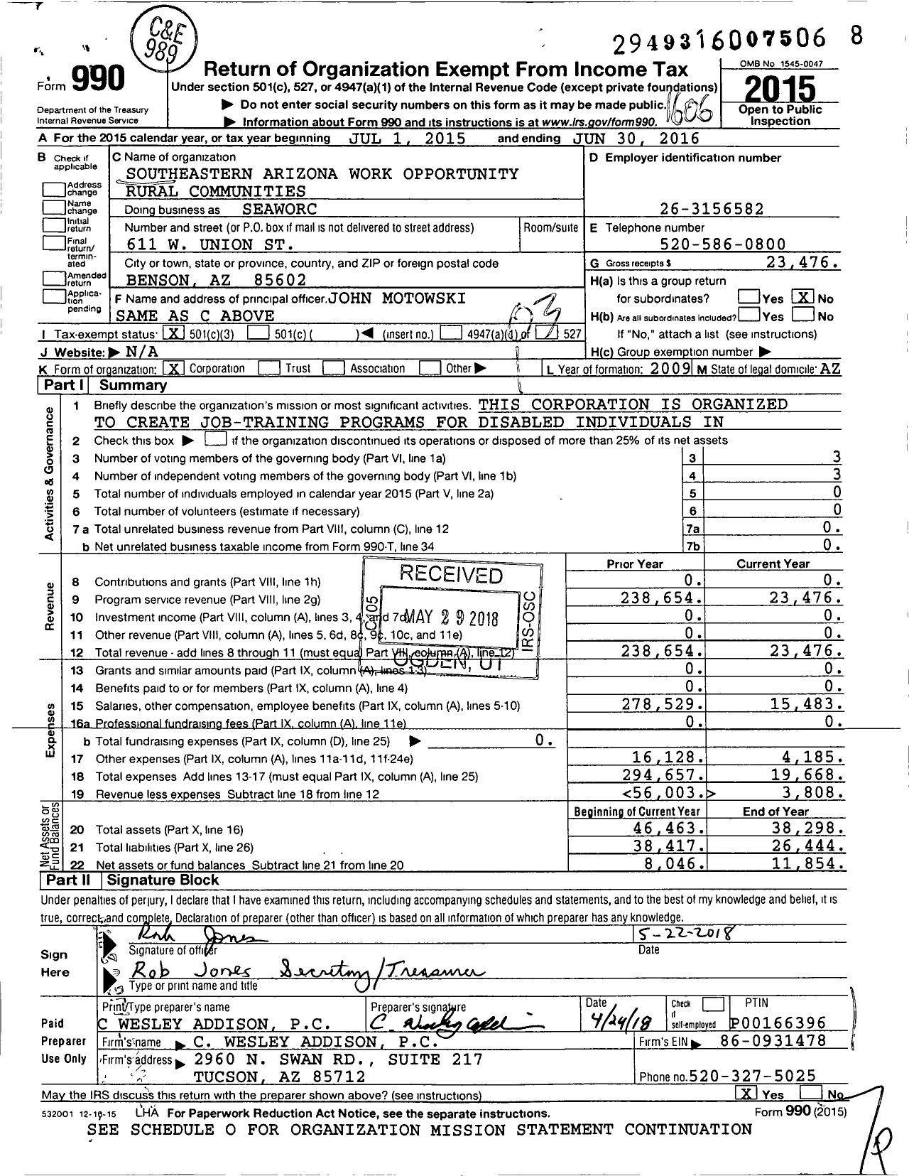 Image of first page of 2015 Form 990 for Southeastern Arizona Work Opportunity Rural Community (SEAWORC)