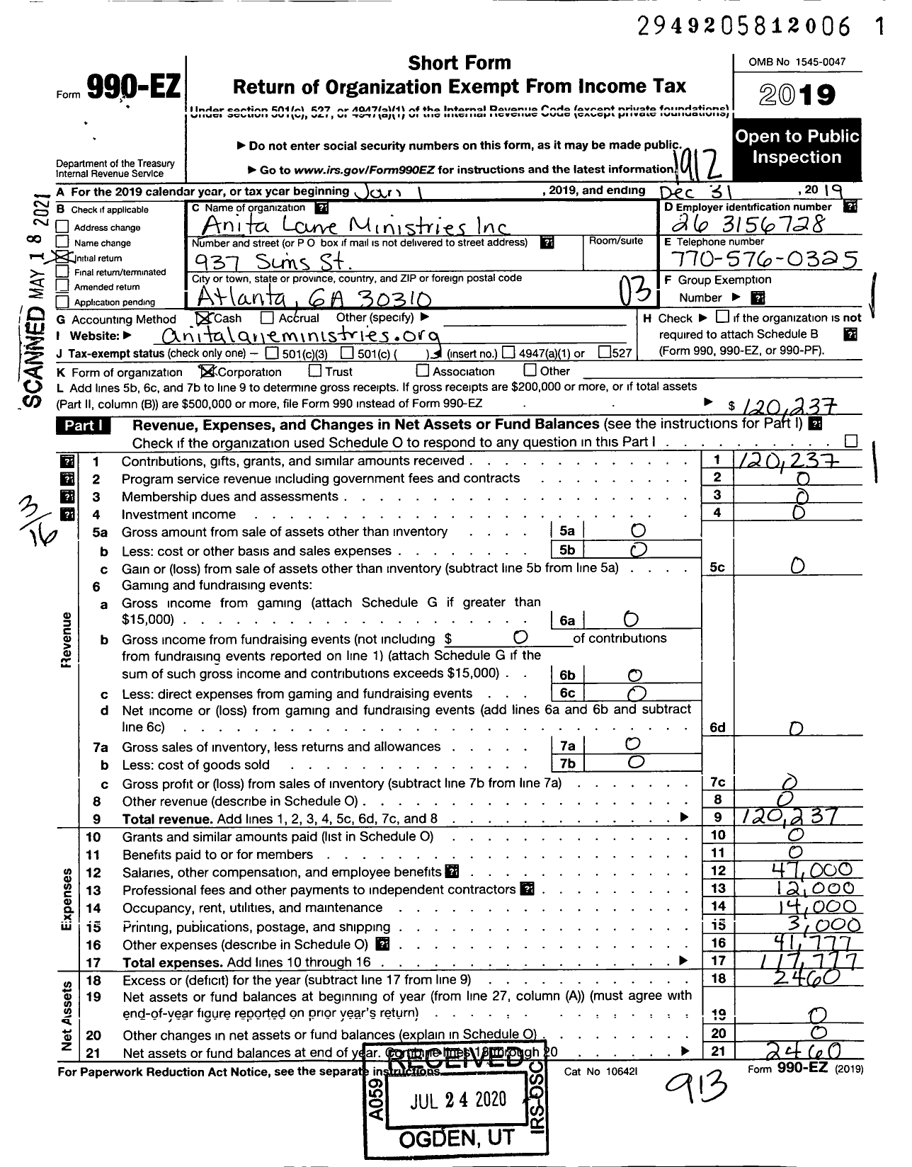 Image of first page of 2019 Form 990EZ for Anita Lane Ministries