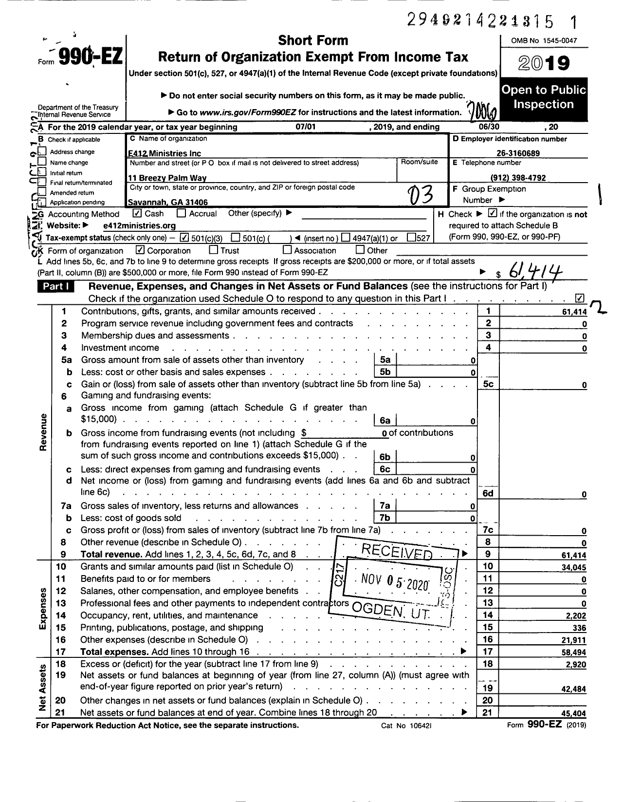 Image of first page of 2019 Form 990EZ for E412 Ministries