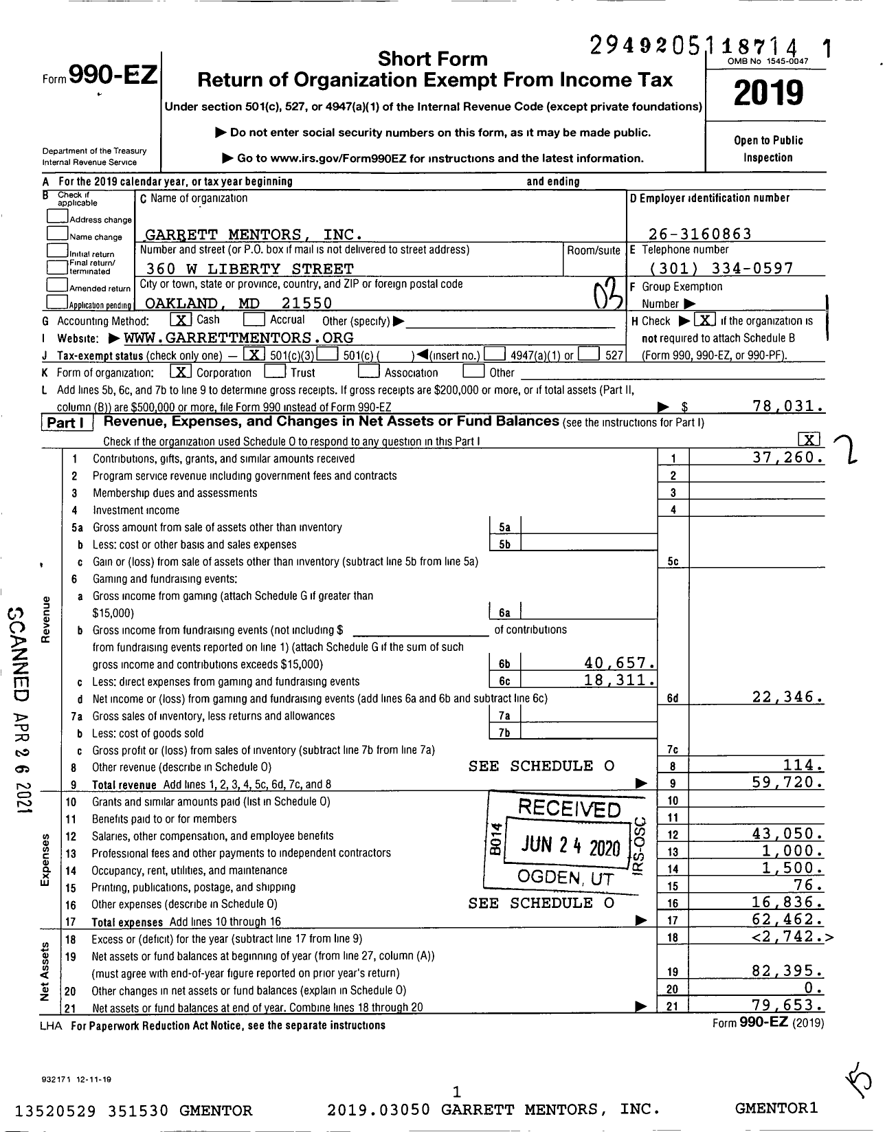 Image of first page of 2019 Form 990EZ for Garrett Mentors