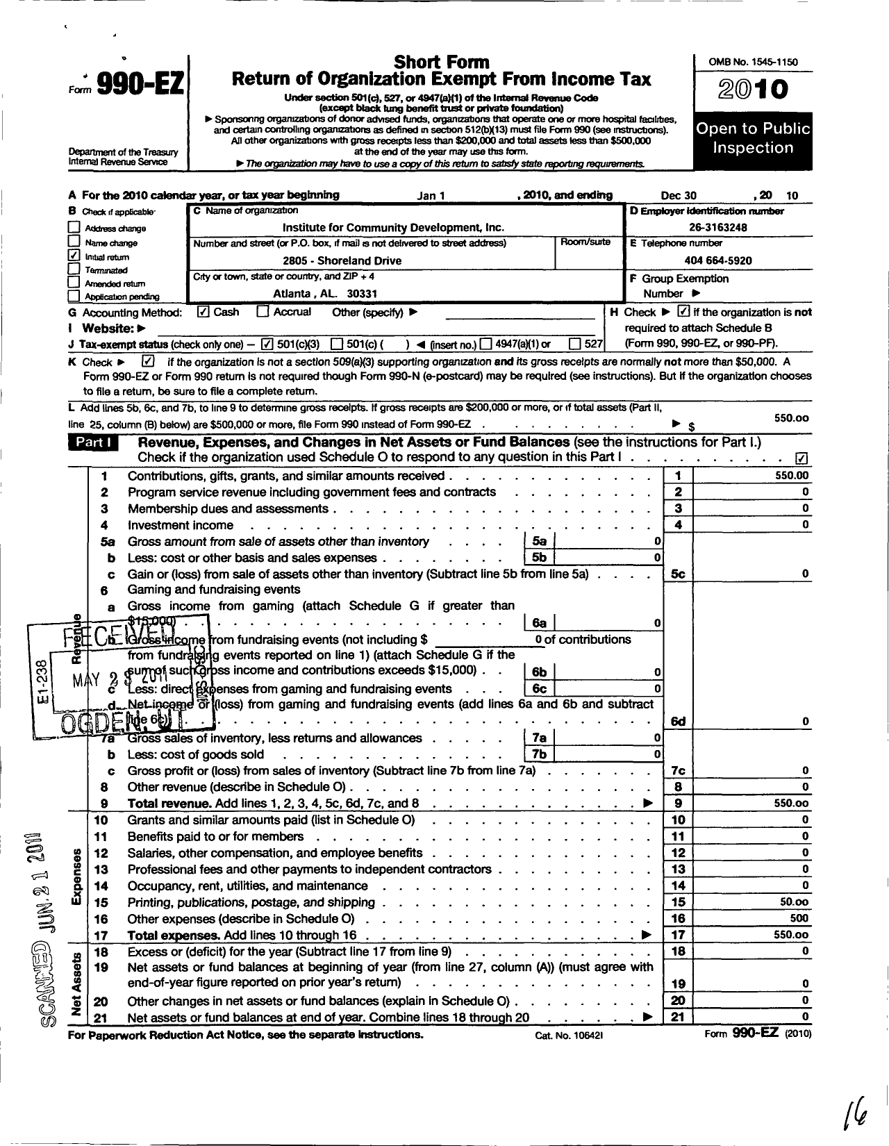 Image of first page of 2010 Form 990EZ for Institute for Community Development