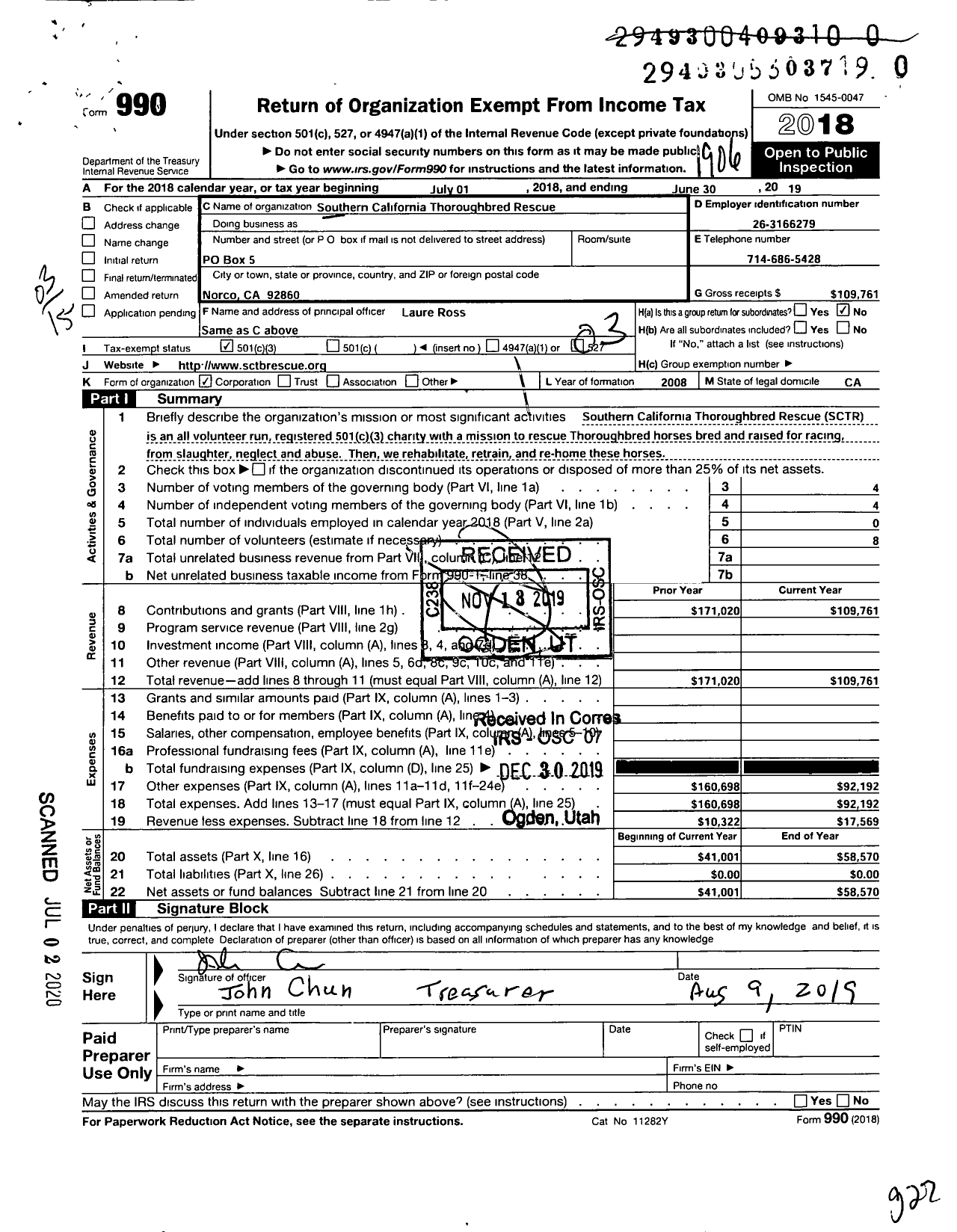 Image of first page of 2018 Form 990 for Southern California Thoroughbred Rescue