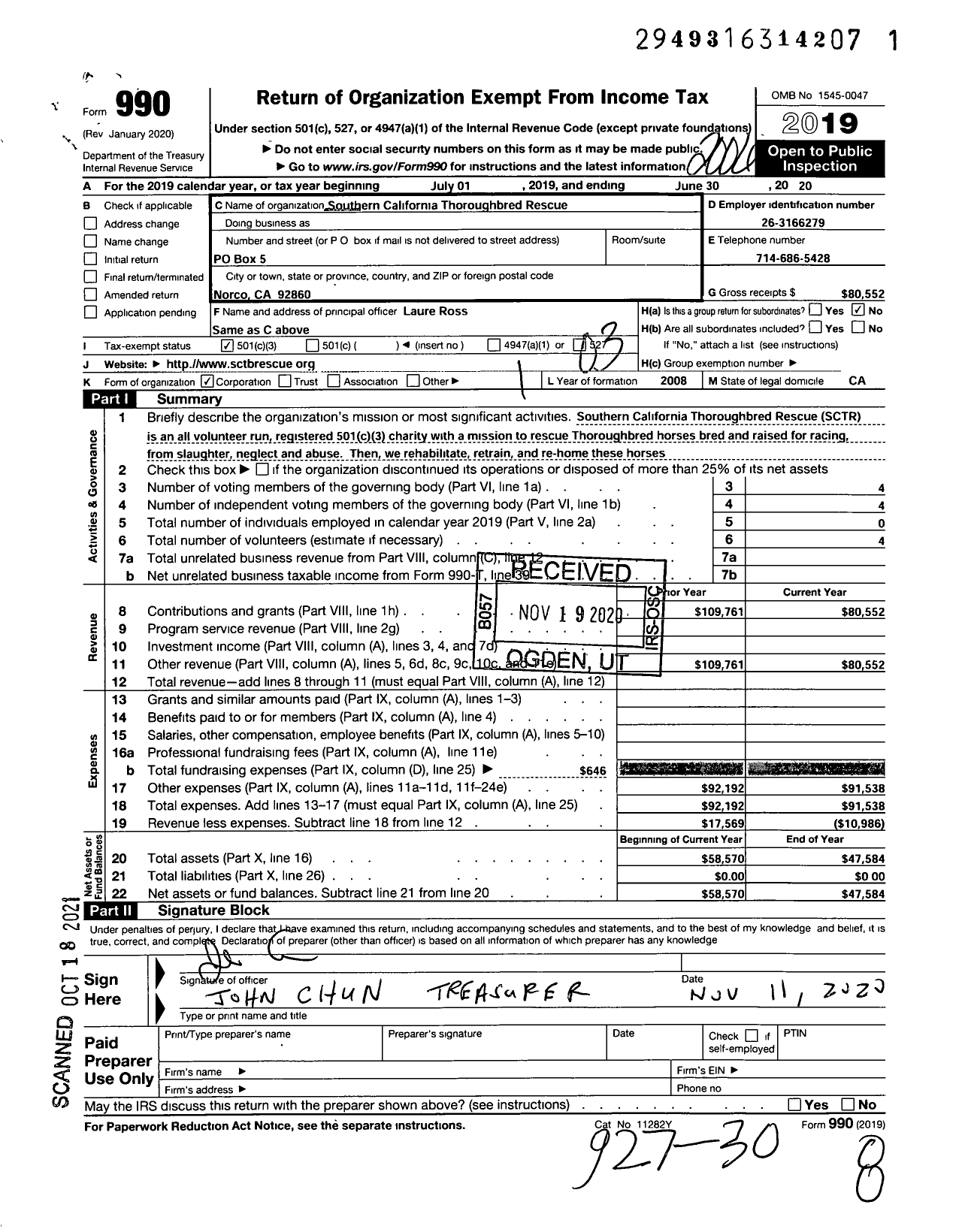 Image of first page of 2019 Form 990 for Southern California Thoroughbred Rescue