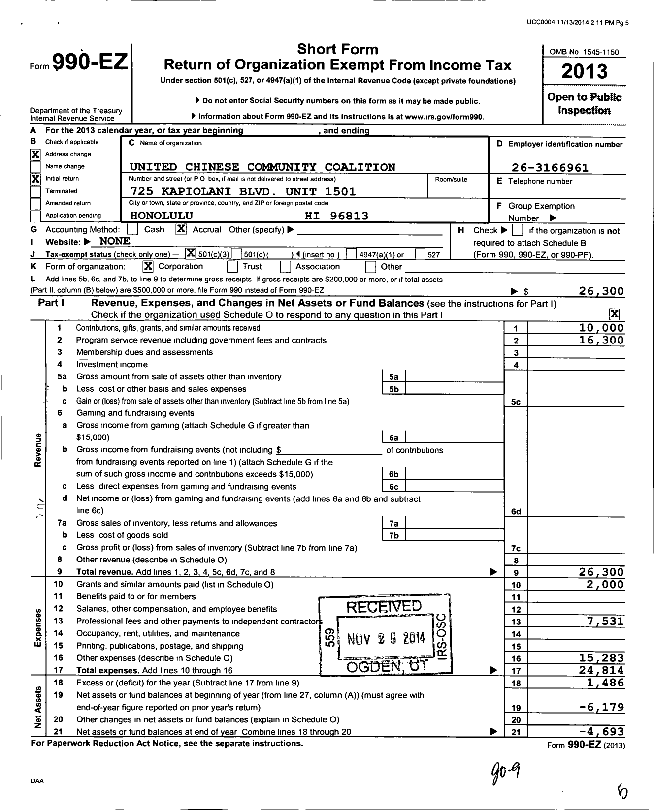 Image of first page of 2013 Form 990EZ for United Chinese Community Coalition