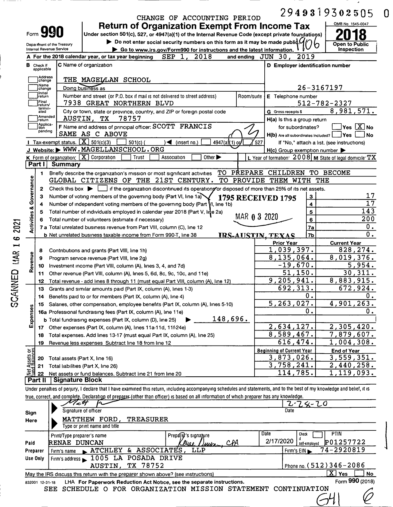 Image of first page of 2018 Form 990 for The Magellan School
