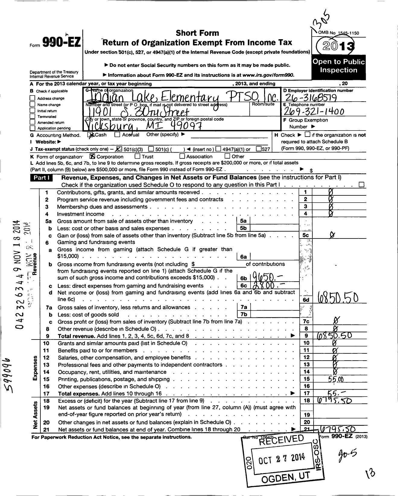 Image of first page of 2012 Form 990EZ for Indian Lake Ptso