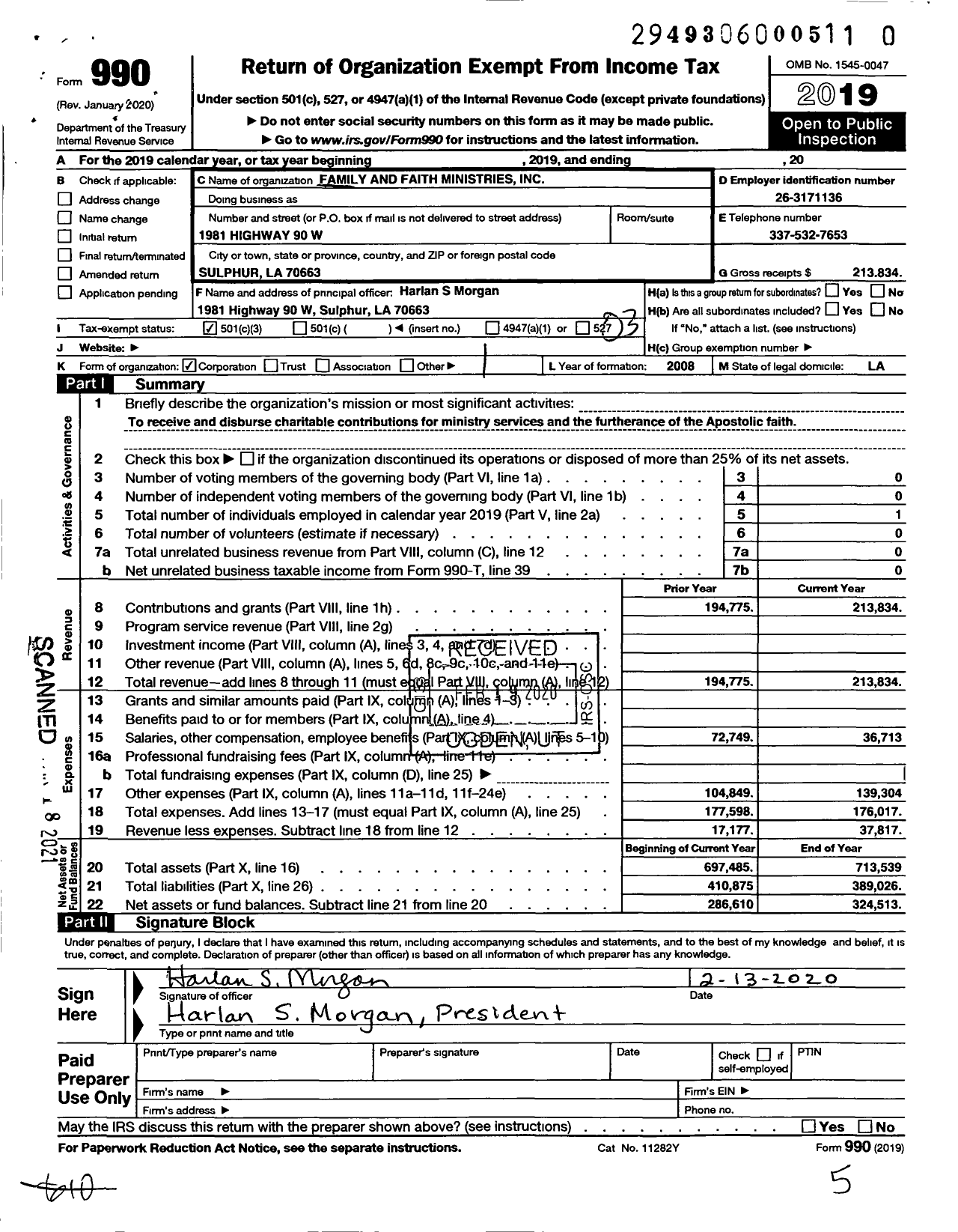 Image of first page of 2019 Form 990 for Family and Faith Ministries