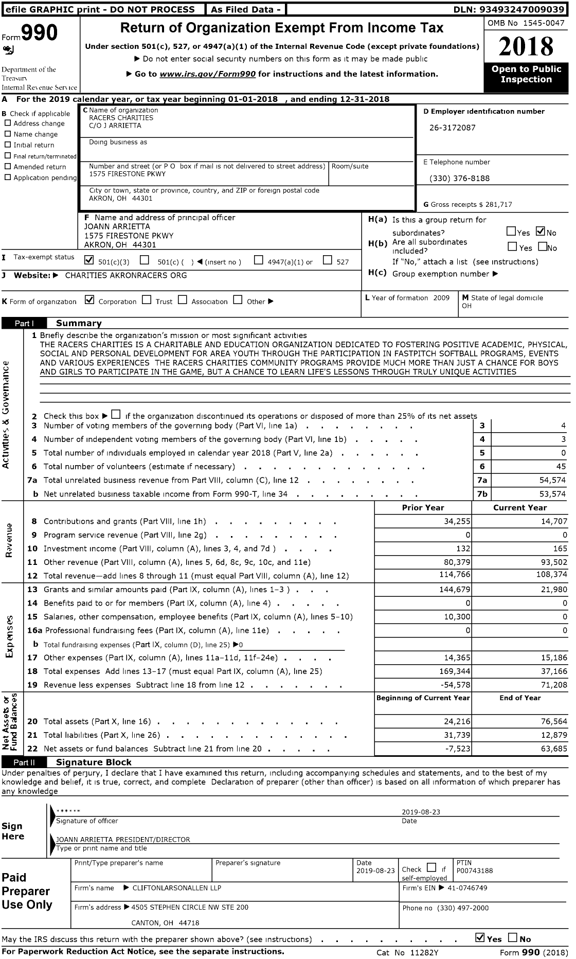 Image of first page of 2018 Form 990 for Racers Charities