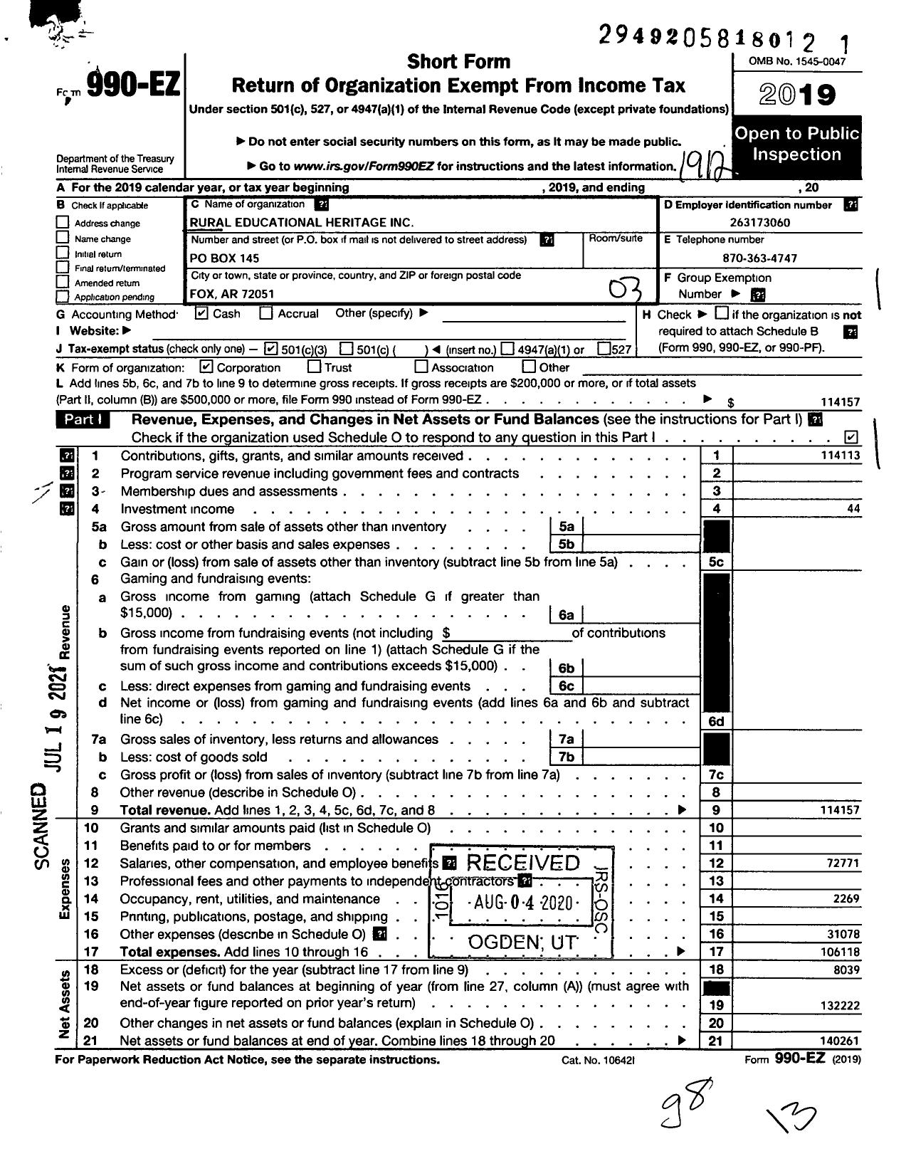 Image of first page of 2019 Form 990EZ for Rural Educational Heritage