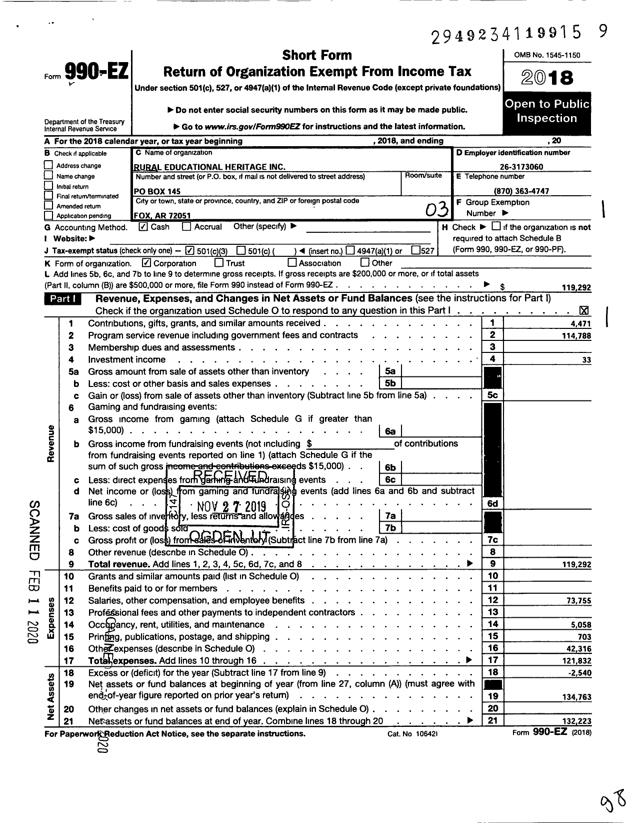 Image of first page of 2018 Form 990EZ for Rural Educational Heritage