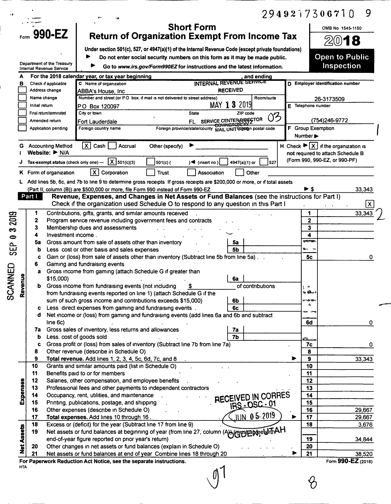 Image of first page of 2018 Form 990EZ for ABBA's House