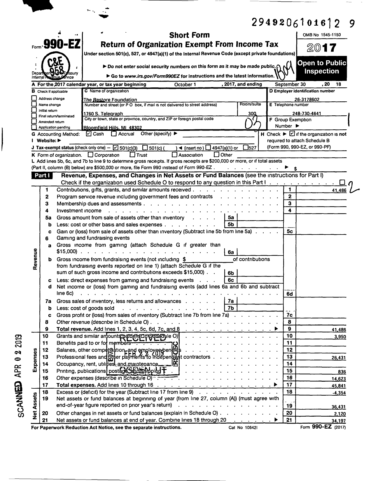 Image of first page of 2017 Form 990EZ for The Restore Foundation