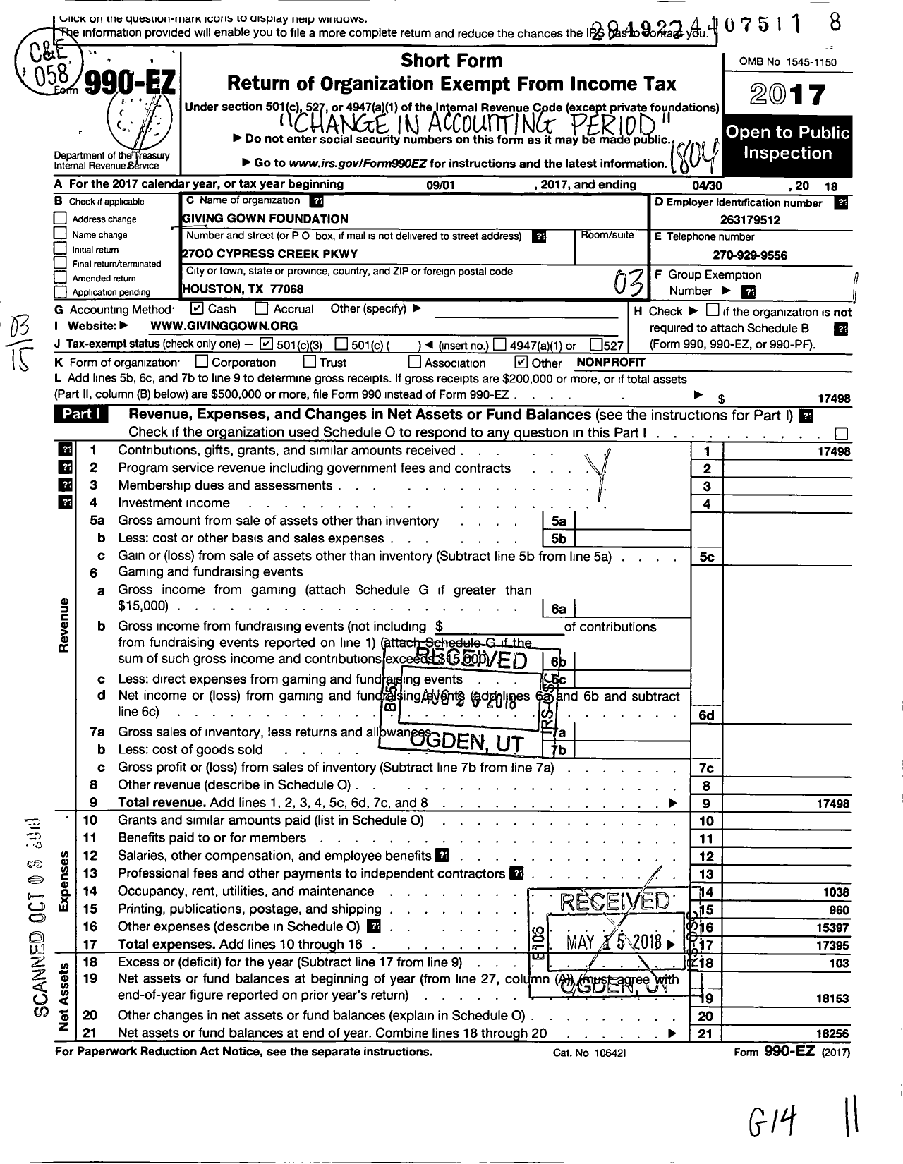 Image of first page of 2017 Form 990EZ for Giving Gown Foundation