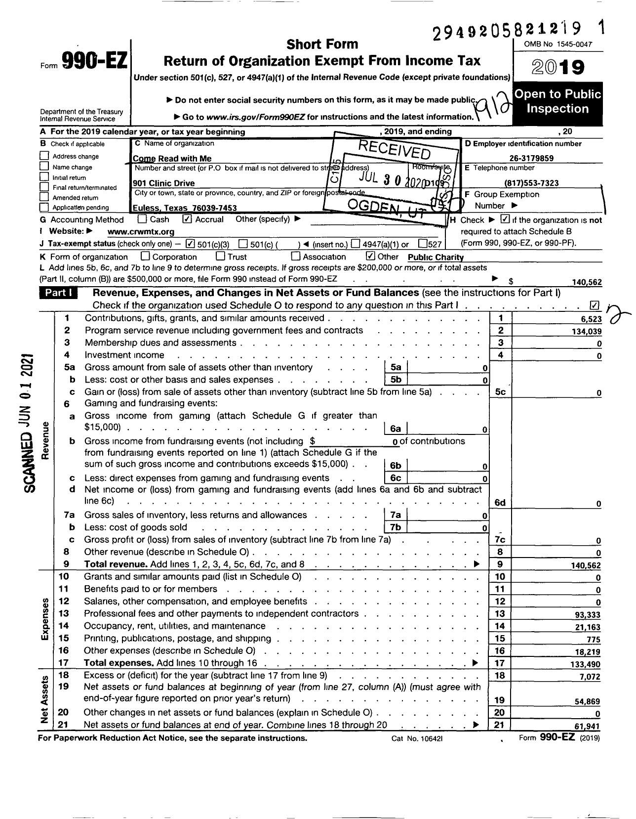 Image of first page of 2019 Form 990EZ for Come Read With Me