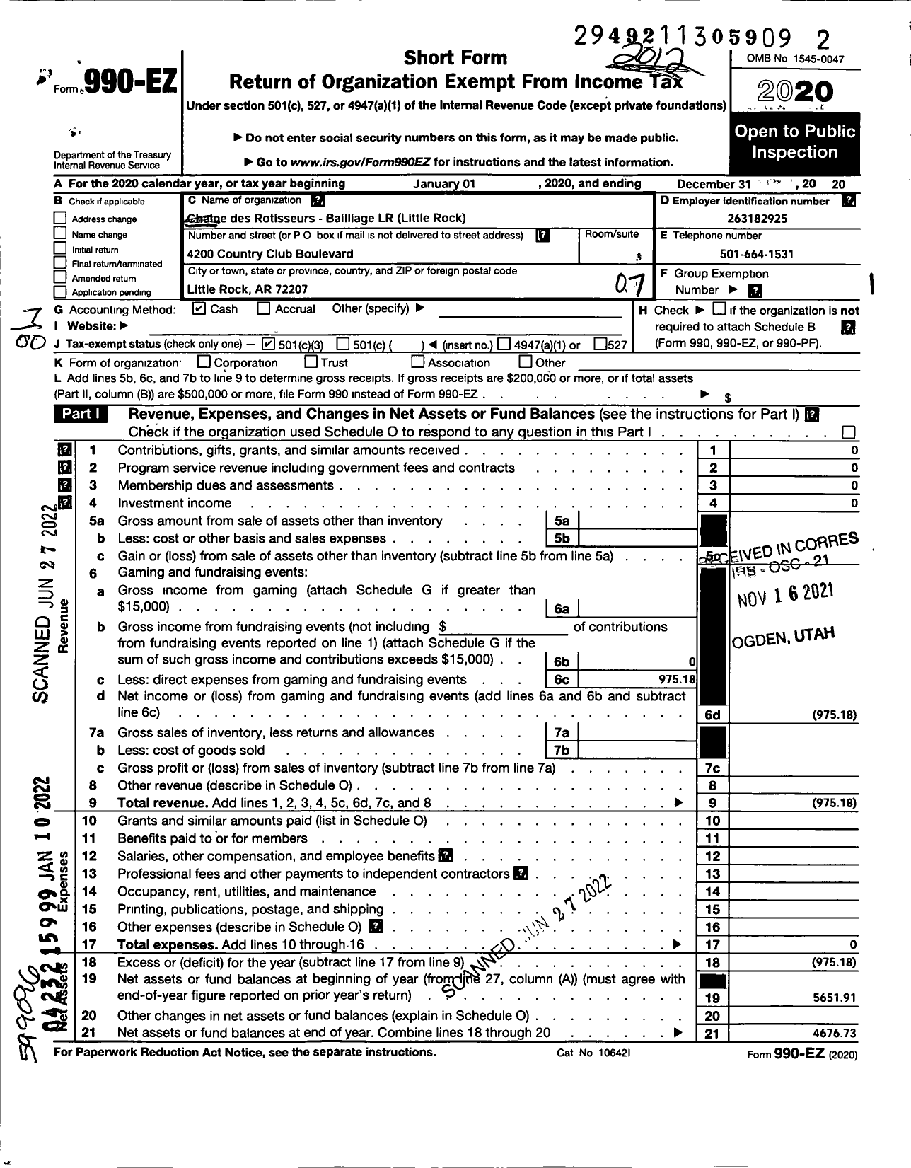 Image of first page of 2020 Form 990EO for Confrerie de La Chaine des Rotisseurs / Bailliage Little Rock