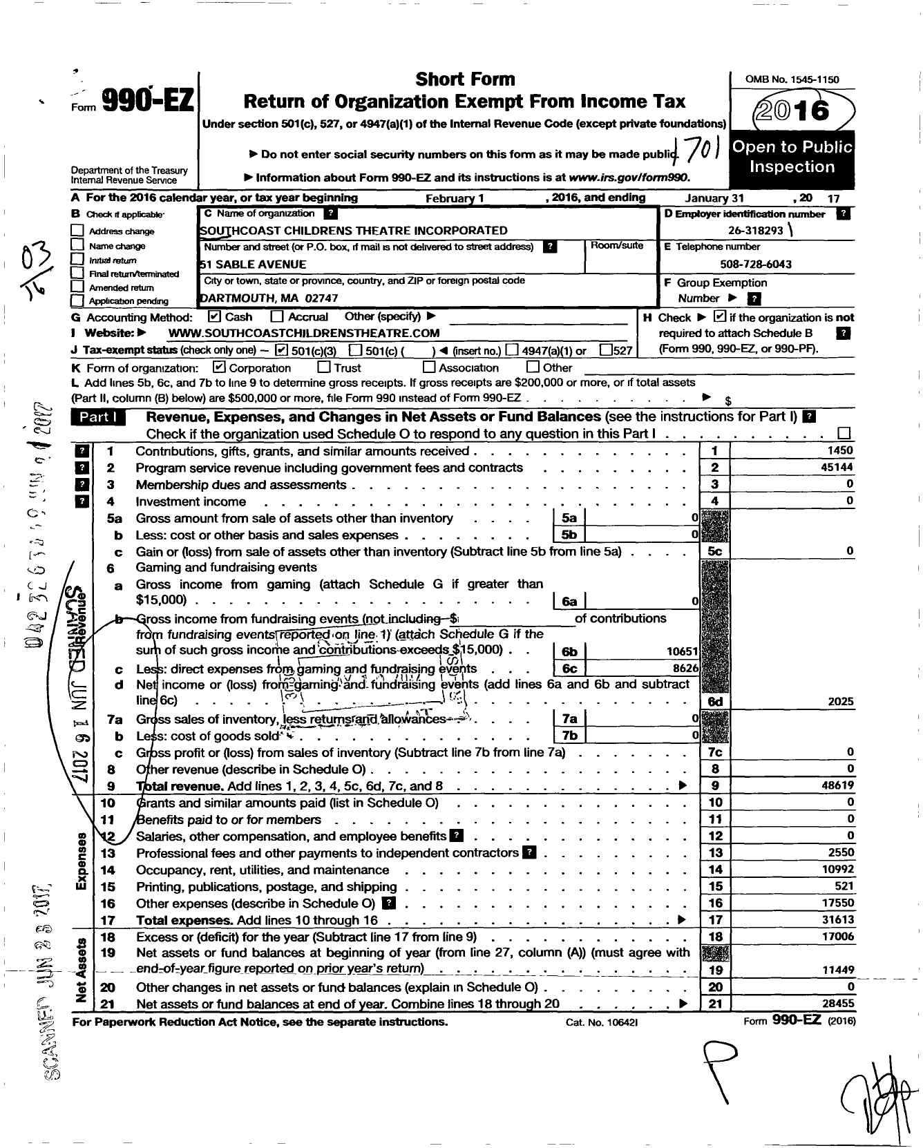 Image of first page of 2016 Form 990EZ for Southcoast Childrens Theatre Incorporated