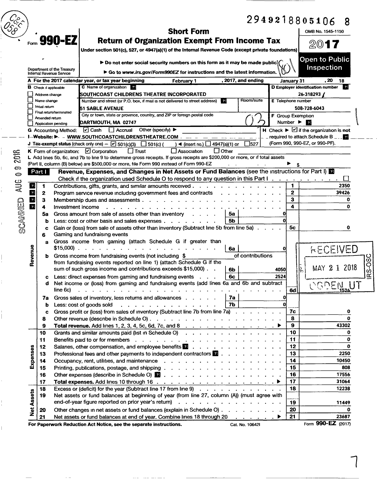 Image of first page of 2017 Form 990EZ for Southcoast Childrens Theatre Incorporated