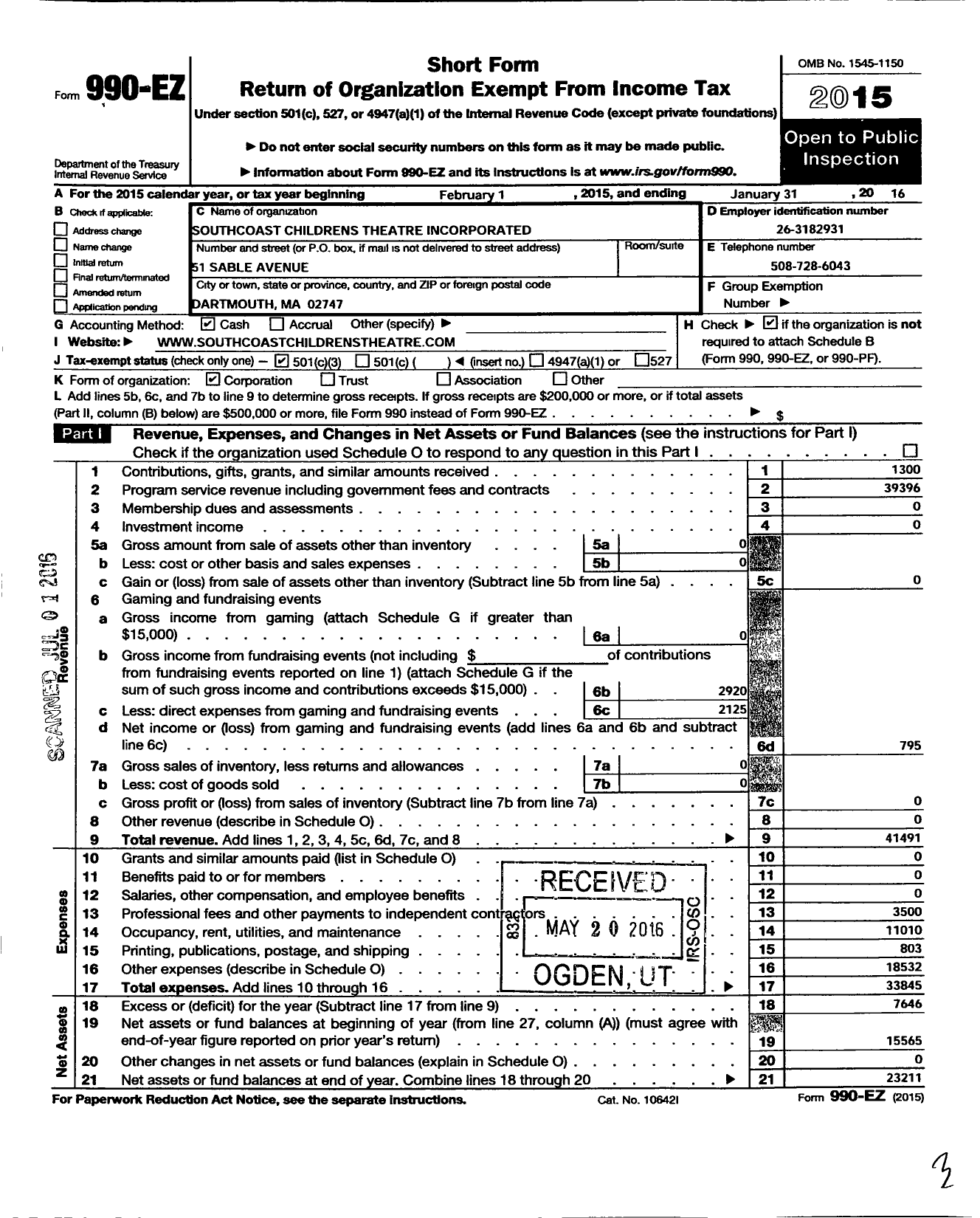 Image of first page of 2015 Form 990EZ for Southcoast Childrens Theatre Incorporated