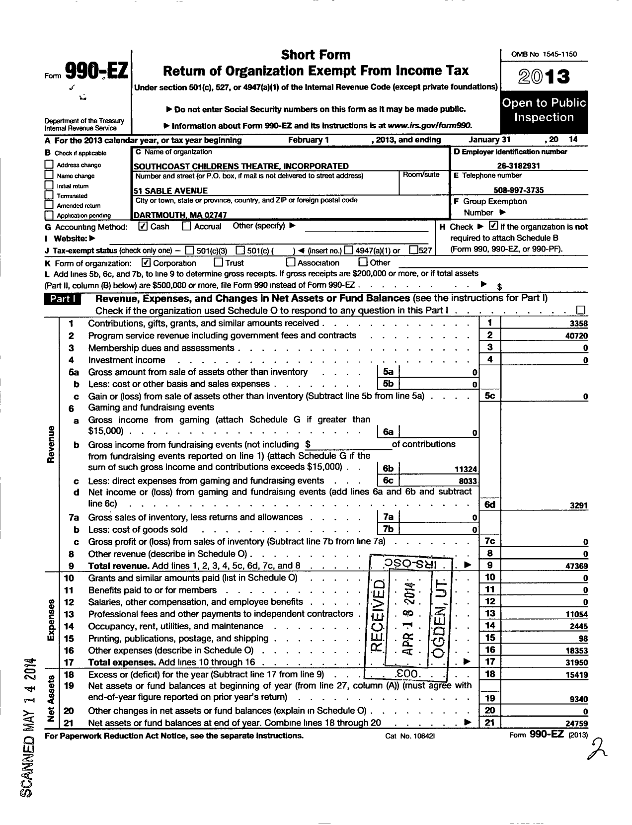 Image of first page of 2013 Form 990EO for Southcoast Childrens Theatre Incorporated