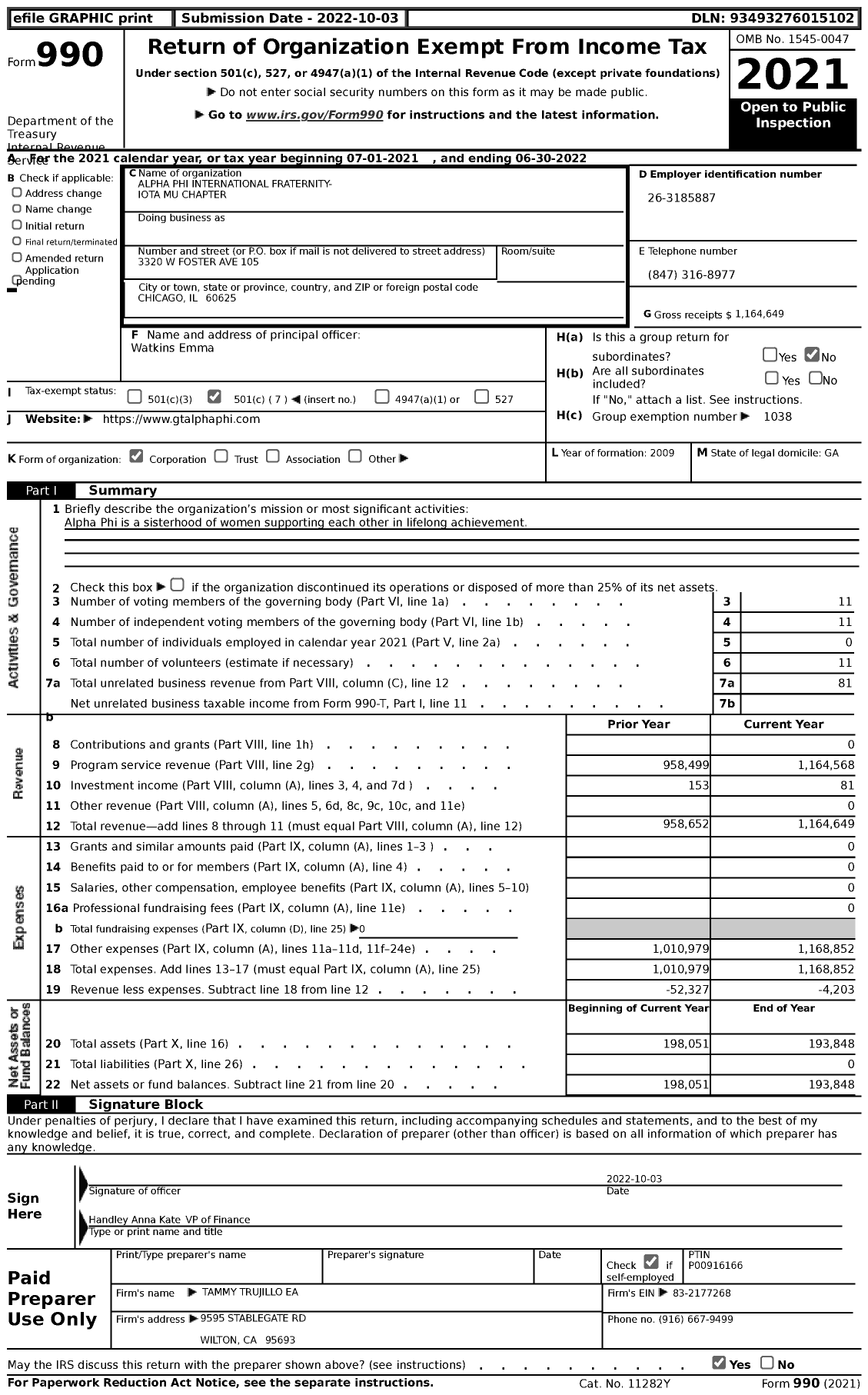 Image of first page of 2021 Form 990 for Alpha Phi - Iota Mu-Georgia Tech