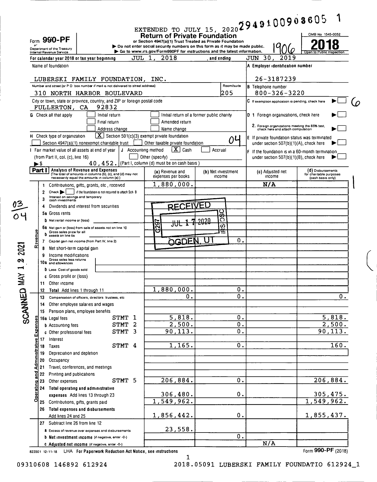 Image of first page of 2018 Form 990PF for Luberski Family Foundation