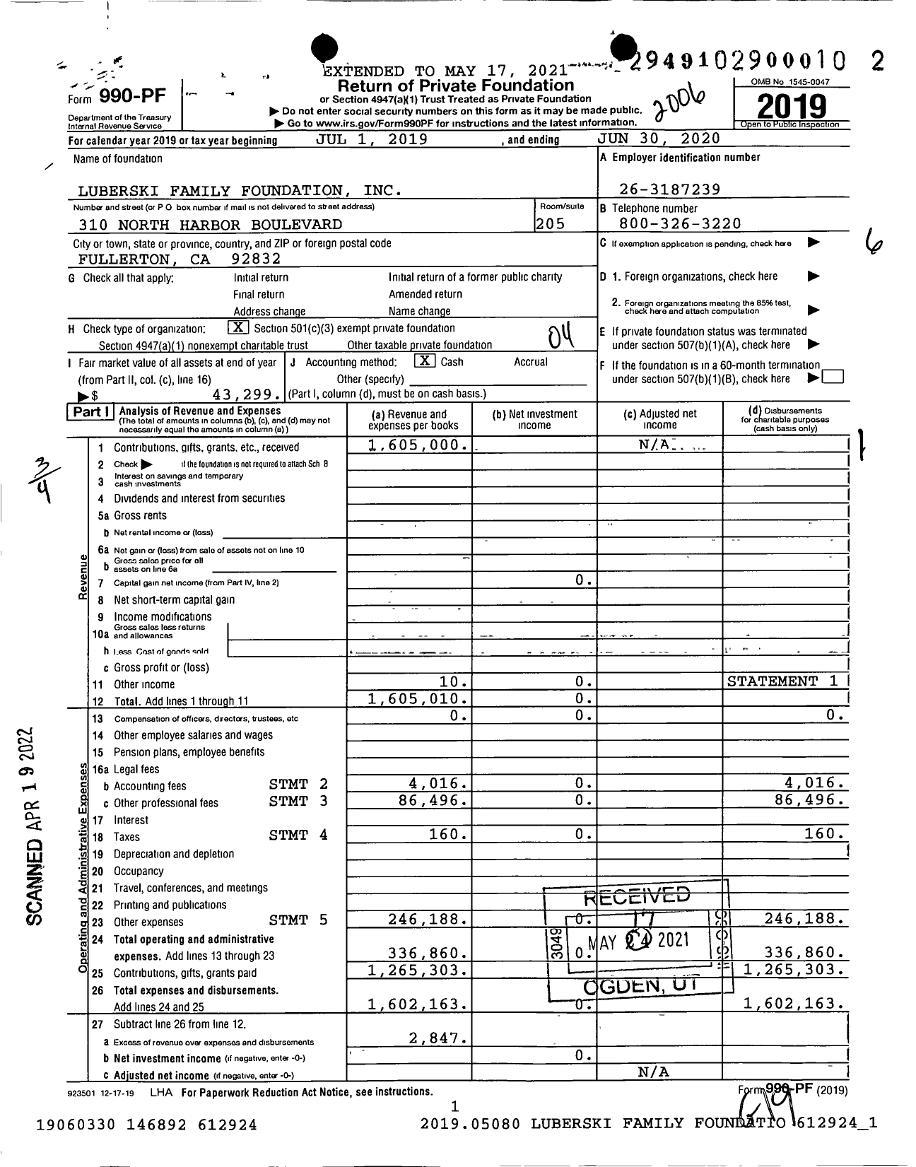 Image of first page of 2019 Form 990PF for Luberski Family Foundation