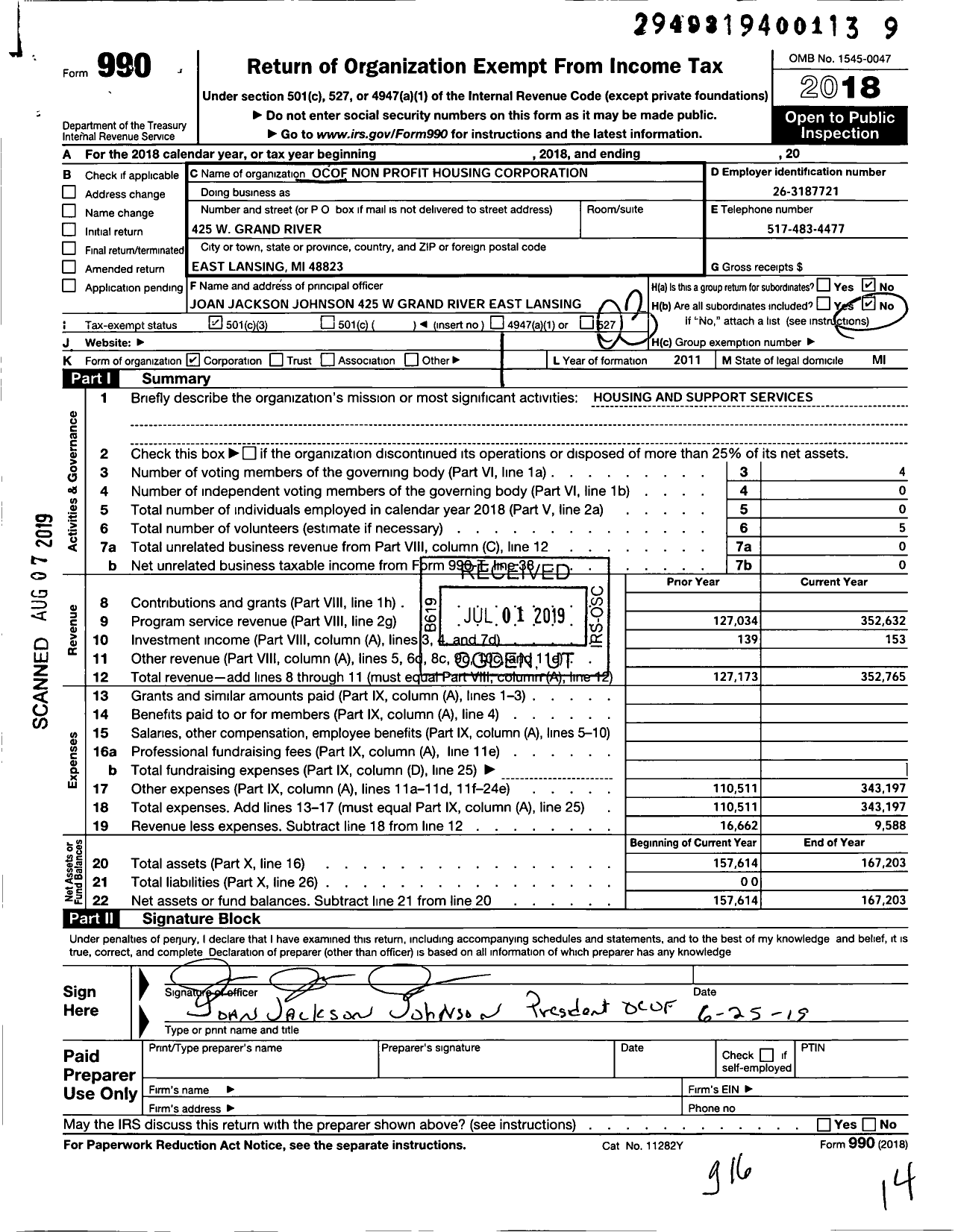 Image of first page of 2018 Form 990 for Ocof Nonprofit Housing Corporation