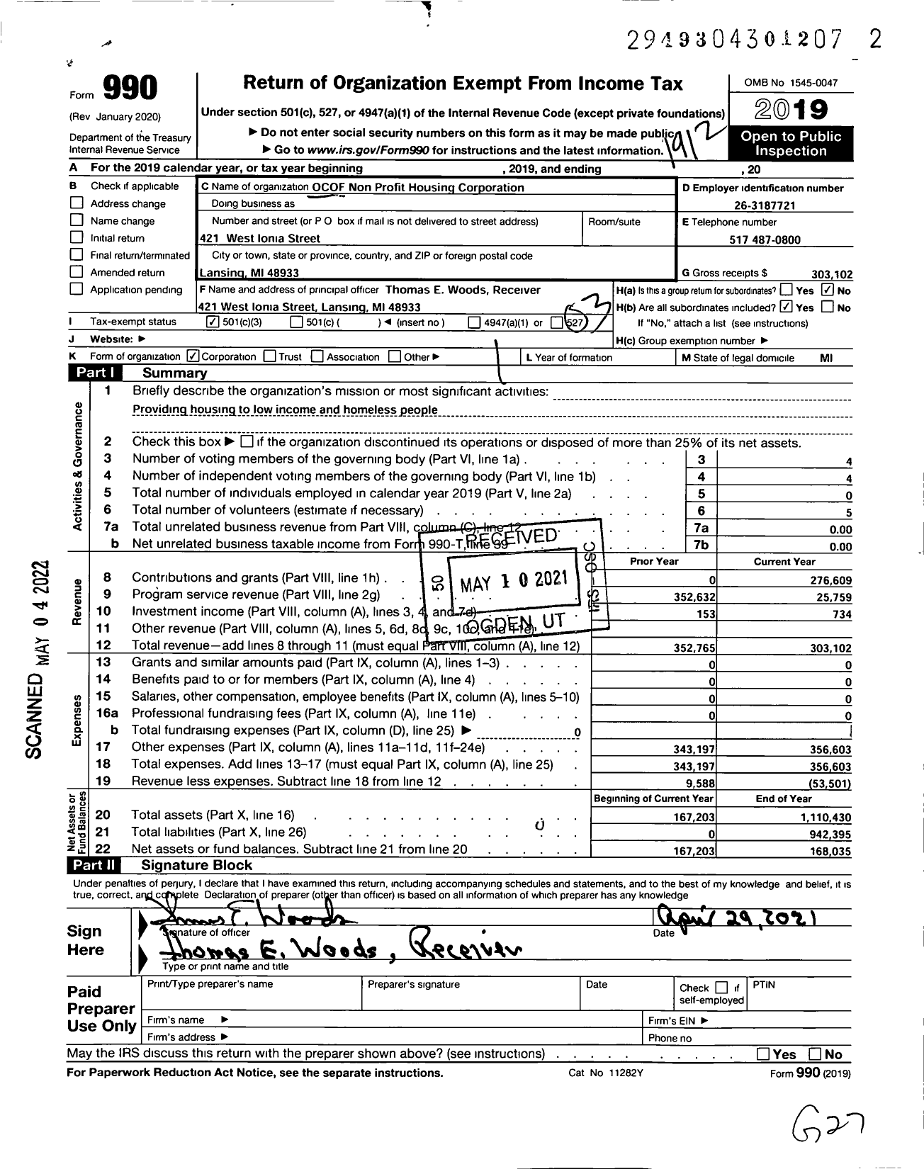 Image of first page of 2019 Form 990 for Ocof Nonprofit Housing Corporation