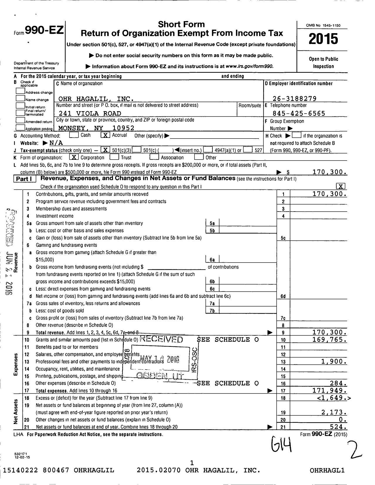 Image of first page of 2015 Form 990EZ for Ohr Hagalil