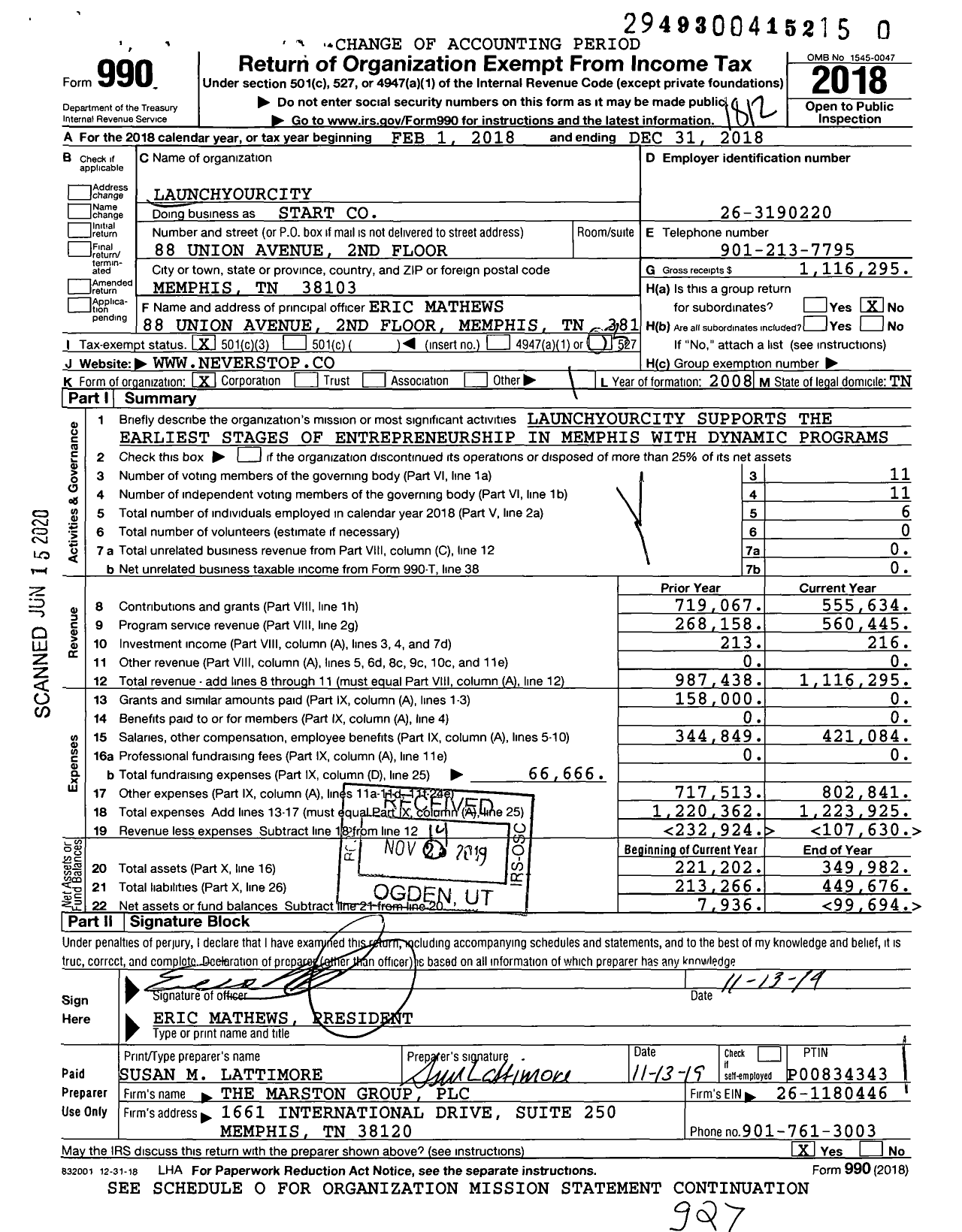 Image of first page of 2018 Form 990 for Start / Launchyourcity